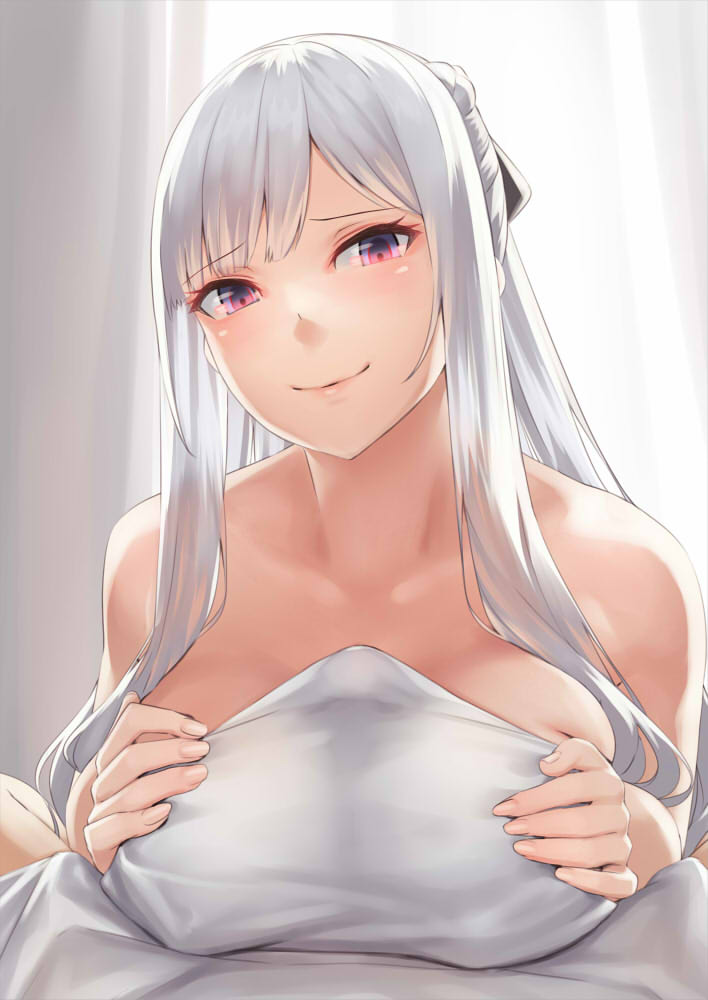 1boy 1girls ak-12_(girls'_frontline) alternate_breast_size backlighting bangs bare_shoulders big_breasts blush breast_squeeze breasts bulge collarbone erection erection_under_clothes female girls'_frontline half_updo kageshio_(276006) large_breasts light-skinned_female light-skinned_male light_skin long_hair looking_at_viewer male_pov paizuri paizuri_on_lap paizuri_under_clothes pov purple_eyes sidelocks smile straight towel white_hair