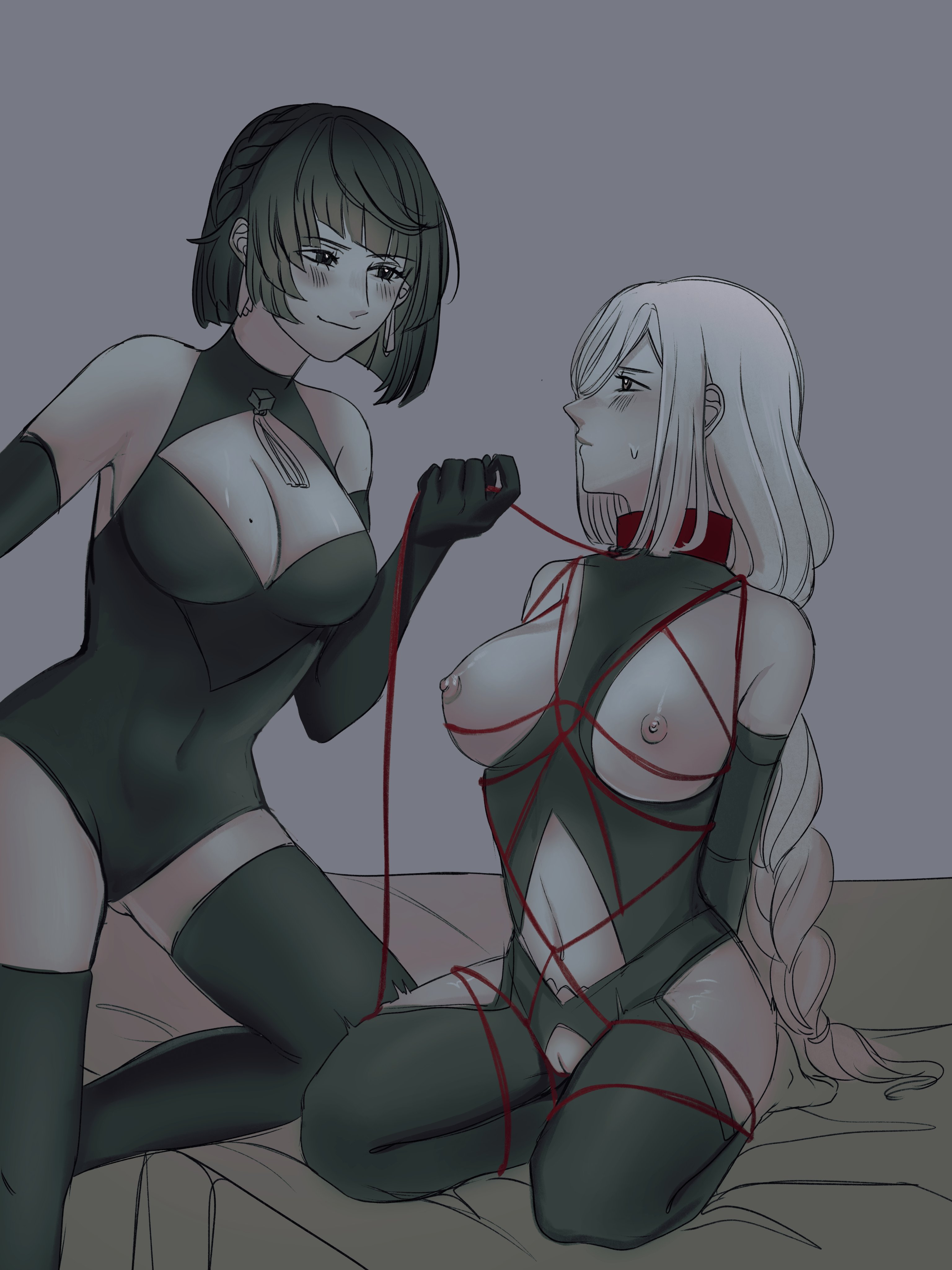 2girls, alternate costume, areola, areolae, armwear, blush, bondage, braid, braided hair, breasts, cleavage, closed mouth, duo, elbow gloves, female, female only, femdom, femsub, genshin impact, gloves, hands behind back, holding leash, leash, leashed, lezdom, long hair, looking at another, mihoyo, mole on breast, multiple females, multiple girls, nipples, red rope, red string, shenhe (genshin impact), short hair, sitting, smile, smiling at another, sweat, sweatdrop, tied up, yasburger, yelan (genshin impact), yuri