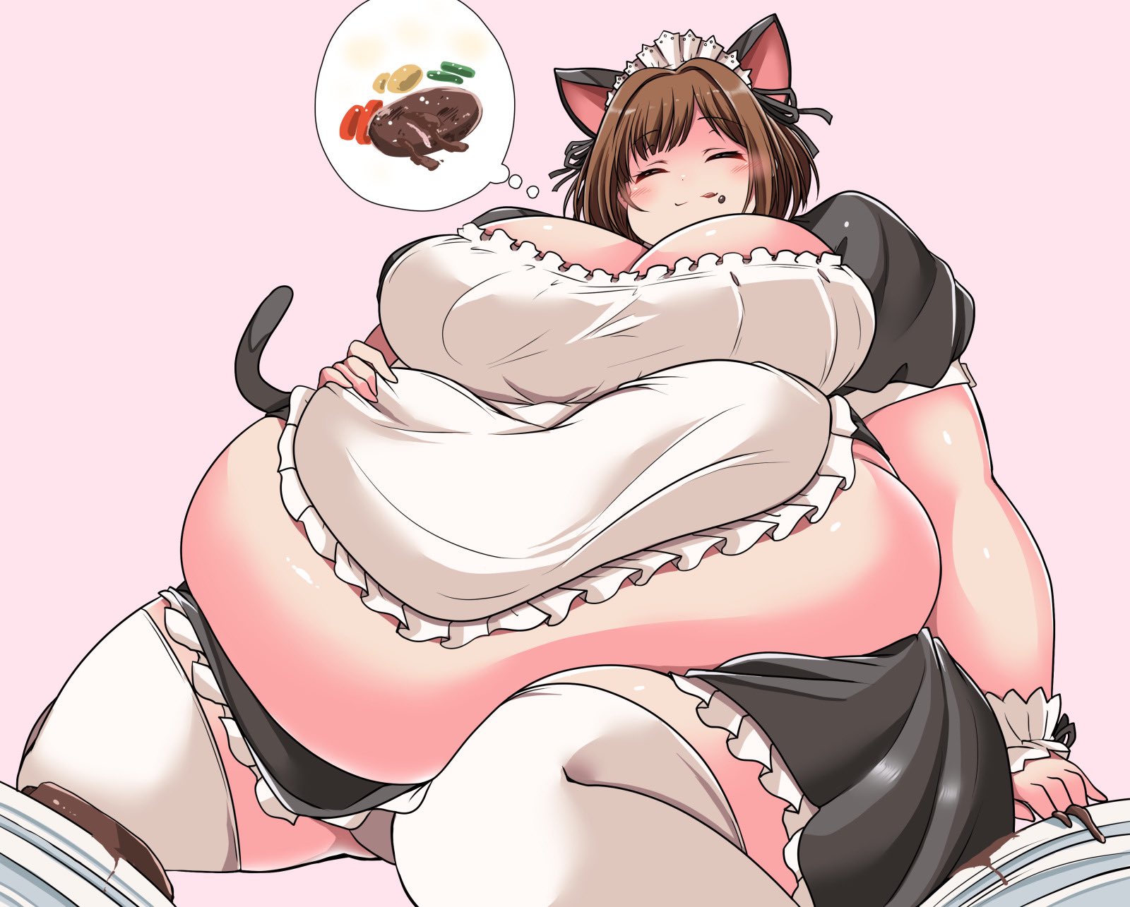1girls, 2020, animal ears, animal tail, bbw, belly, breasts, brown hair, cat ears, cat girl, cat tail, catgirl, chubby, chubby female, closed eyes, fat, fat female, female, female focus, huge belly, huge breasts, kurocaze, maid, maid uniform, morbidly obese, morbidly obese female, obese, obese female, overweight, overweight female, short hair, solo, solo female, solo focus, thought bubble, tummy