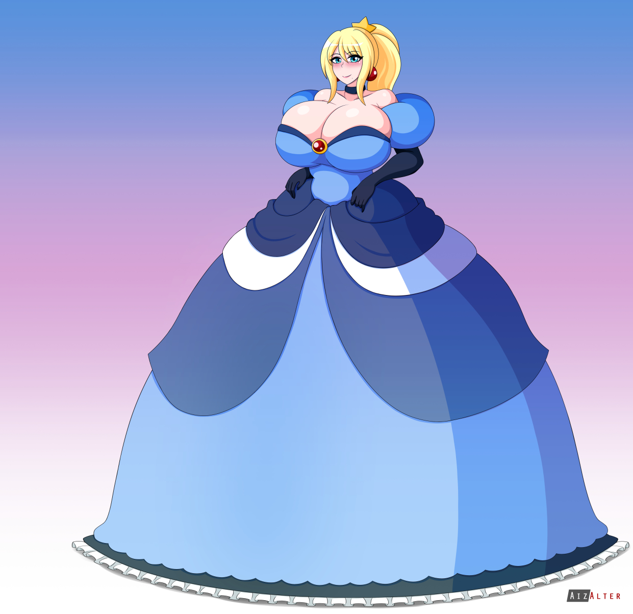 1futa, aizalter, alternate breast size, big breasts, blonde hair, blue eyes, blush, breasts, clothed, clothing, dickgirl, earrings, fully clothed, futa only, futanari, gigantic breasts, huge breasts, intersex, large breasts, light skin, light-skinned futa, massive breasts, metroid, nintendo, princess, samus aran, solo, solo futa, standing, uncensored