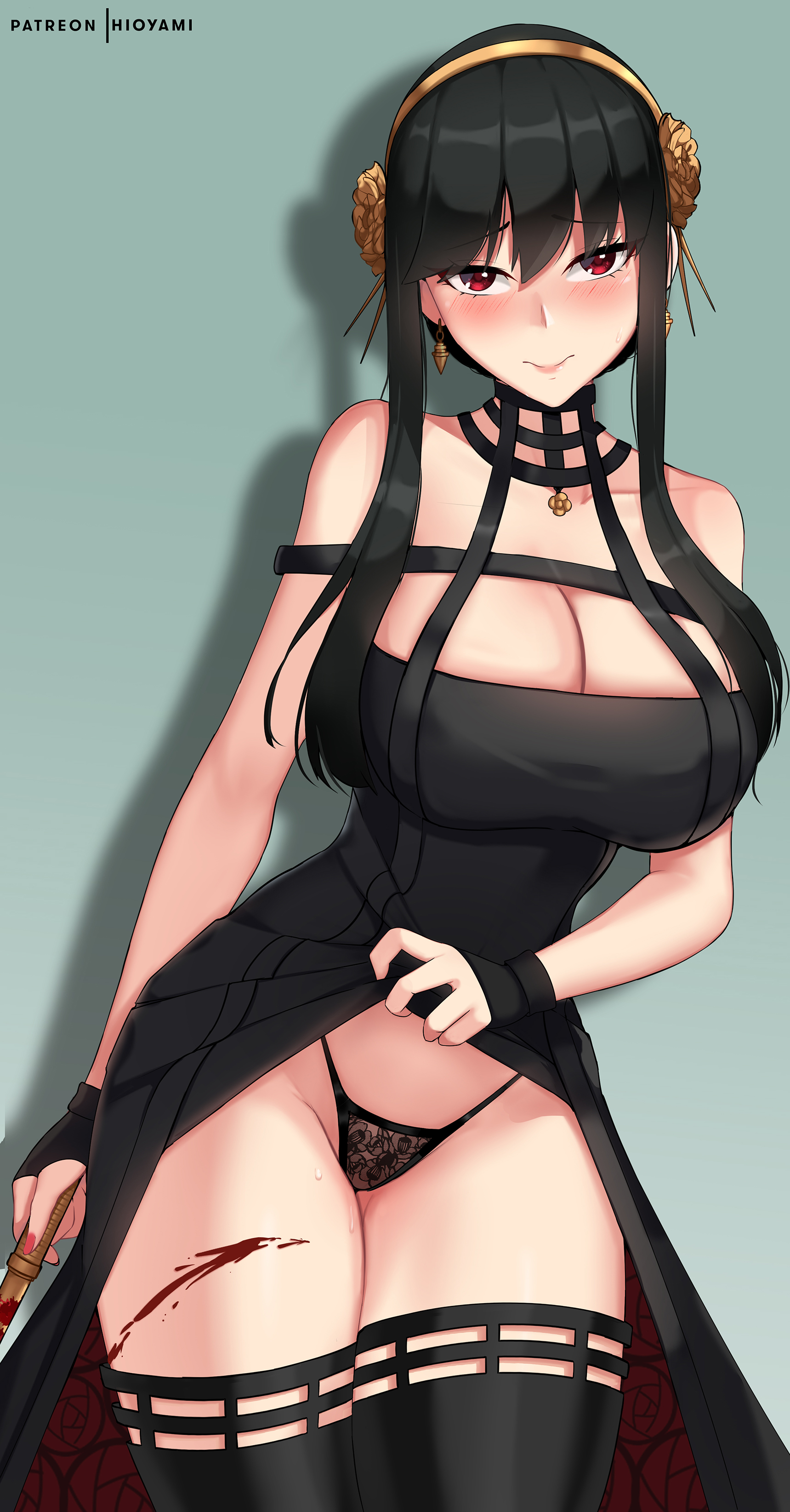 1girls, 2022, assassin, big breasts, black hair, black panties, blood, blush, breasts, cloverworks, eye contact, female, female human, gold hairband, hairband, hioyami, human, knife, lace-trimmed panties, legwear, lingerie, long hair, looking at viewer, mature female, panties, red eyes, shounen jump, shounen jump+, small panties, smile, solo, spy x family, stiletto (weapon), thick thighs, thighhighs, thorn princess, wit studio, yor briar, yor forger