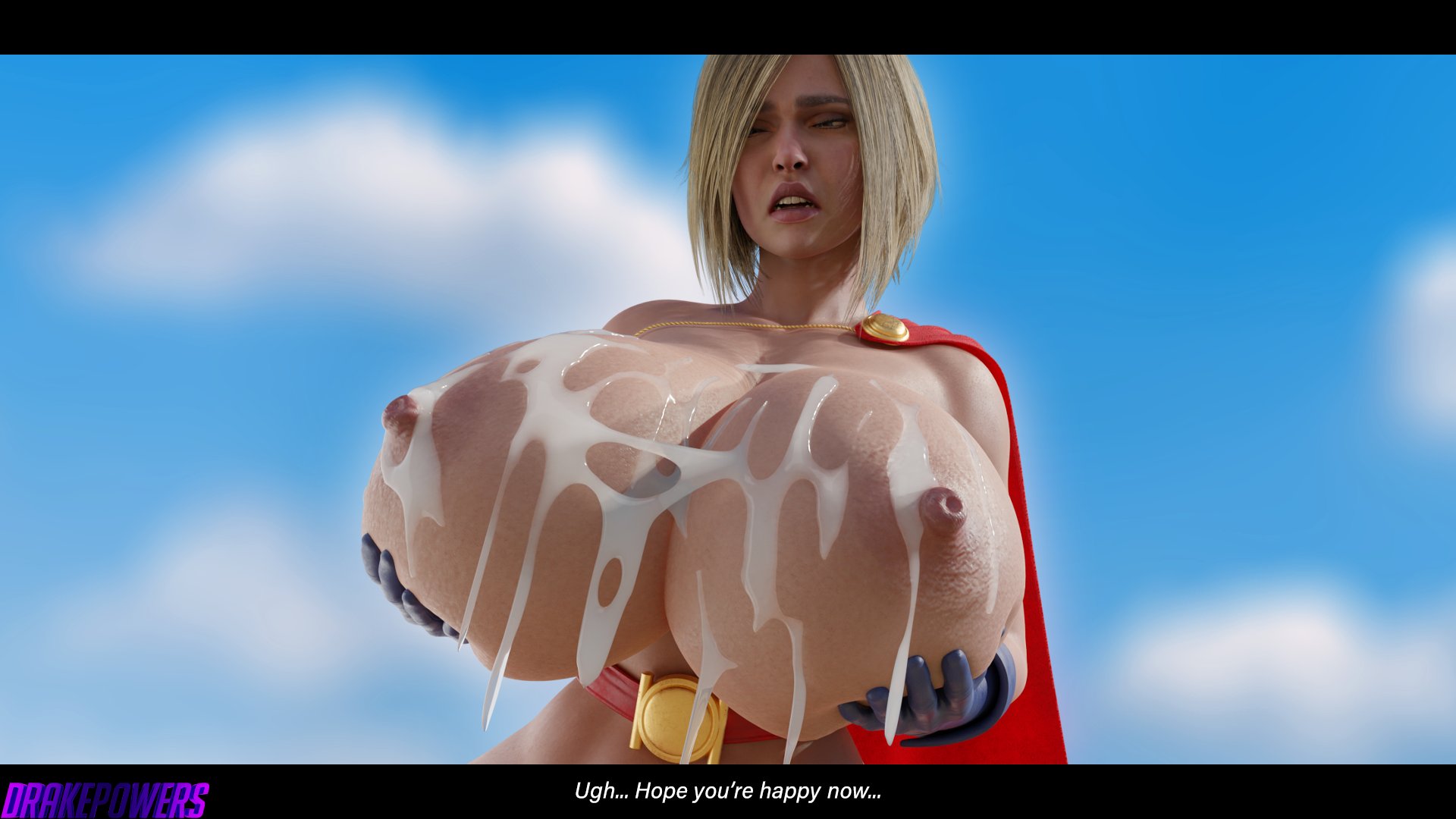 1boy, 1girls, 3d, 3d (artwork), ass, big ass, big breasts, big butt, blender, blender (software), blonde hair, breasts, bubble ass, bubble butt, cum, cum on breasts, cumshot, dc, dc comics, drakepowers, female, giant breasts, hourglass figure, huge breasts, injustice 2, kara zor-l, karen starr, male, pink nipples, power girl, power girl (injustice), pussy, superman (series), thick, thick ass, thick thighs, vagina, wide hips