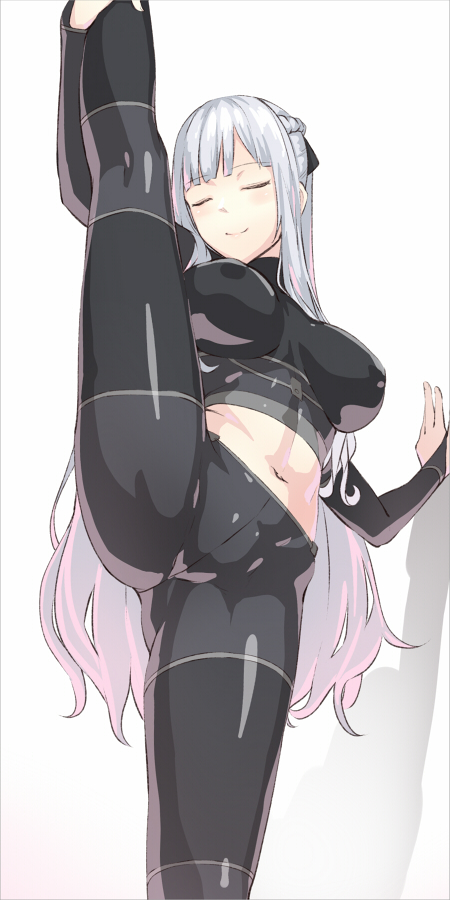 ak-12_(girls'_frontline) black_ribbon blush braid breasts breasts_apart closed_eyes covered_nipples female girls'_frontline groin kageshio_(276006) large_breasts leg_up long_hair midriff navel ribbon shadow silver_hair simple_background skin_tight smile solo split standing standing_on_one_leg standing_split taut_clothes thighs very_long_hair white_background