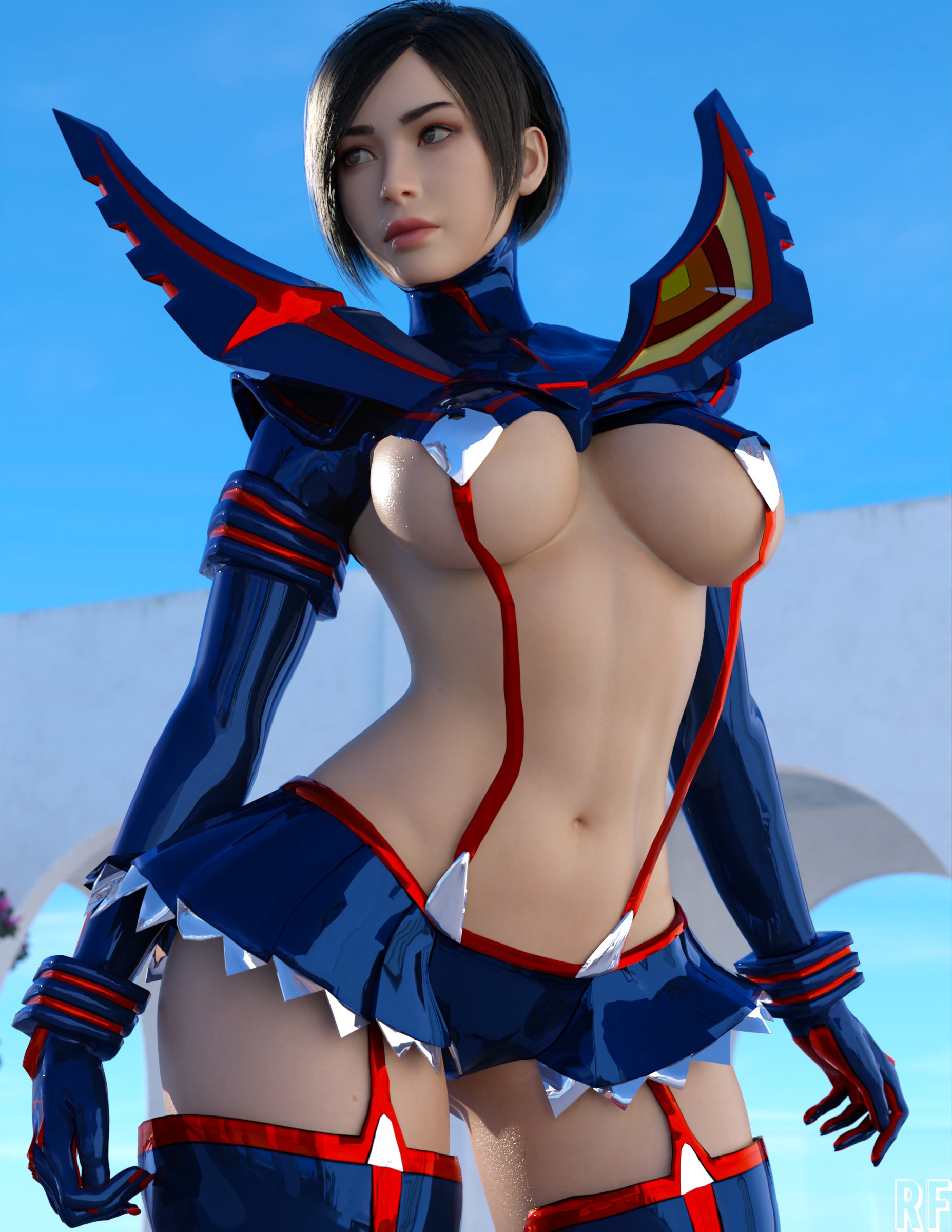 1girls, 3d, absurd res, ada wong, ada wong (adriana), black hair, breasts, brown eyes, cosplay, crossover, female, female only, hi res, kill la kill, large breasts, matoi ryuuko, matoi ryuuko (cosplay), resident evil, resident evil 2, resident evil 2 remake, rude frog, senketsu, skirt, solo, thighhighs, thighs, wide hips