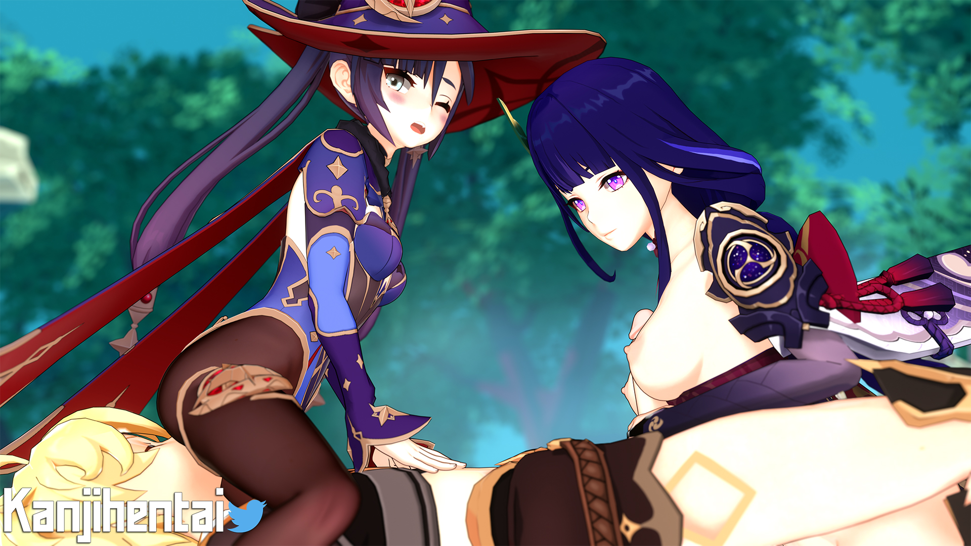 1boy, 2girls, 3d, 3d (artwork), aether (genshin impact), ass, blush, boobjob, breasts, clothed, clothed facesitting, facesitting, female, ffm threesome, genshin impact, kanjihentai, male, miragemain, mona (genshin impact), paizuri, pantyhose, purple eyes, purple hair, raiden shogun, teal eyes, threesome, titjob, wallimog