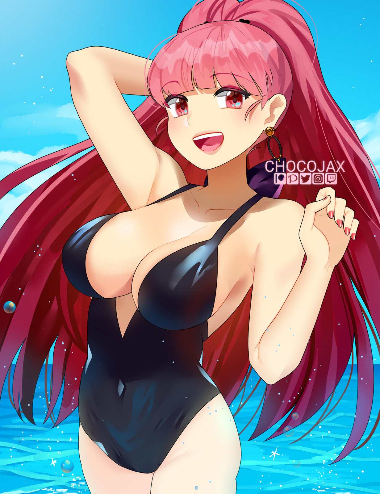 1girls, arm behind head, bangs, bare thighs, black swimsuit, breasts, chocojax, cleavage, earrings, female, female only, fire emblem, fire emblem: three houses, hilda valentine goneril, large breasts, long hair, looking at viewer, nail polish, nintendo, ocean, one-piece swimsuit, open mouth, outdoors, pink eyes, pink hair, pose, red nails, sideboob, smile, solo, swimsuit, thighs