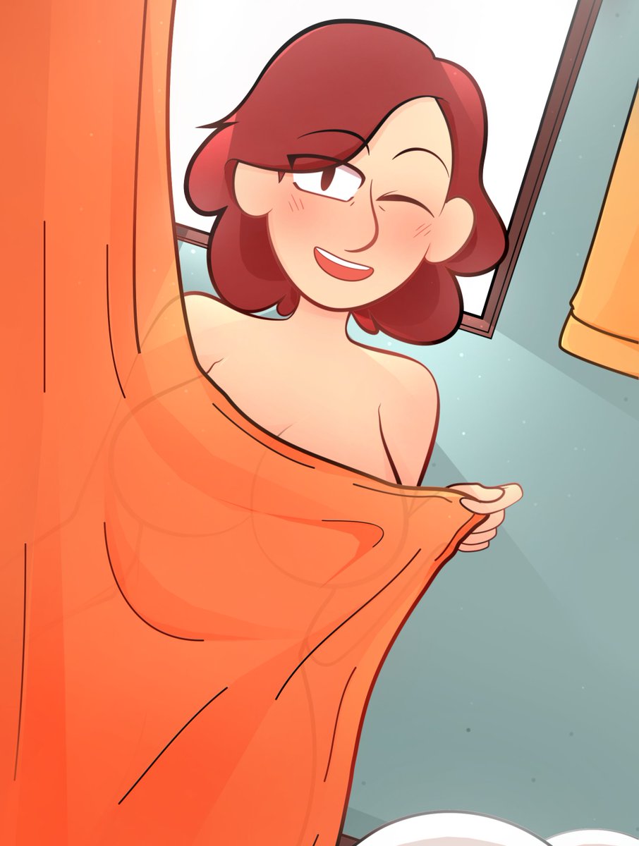 1girls, arkeus, breasts, brown hair, curtains, female, female only, hilda (series), johanna (hilda), jpeg, large breasts, light skin, light-skinned female, shower, shower curtain, smile, solo, solo female