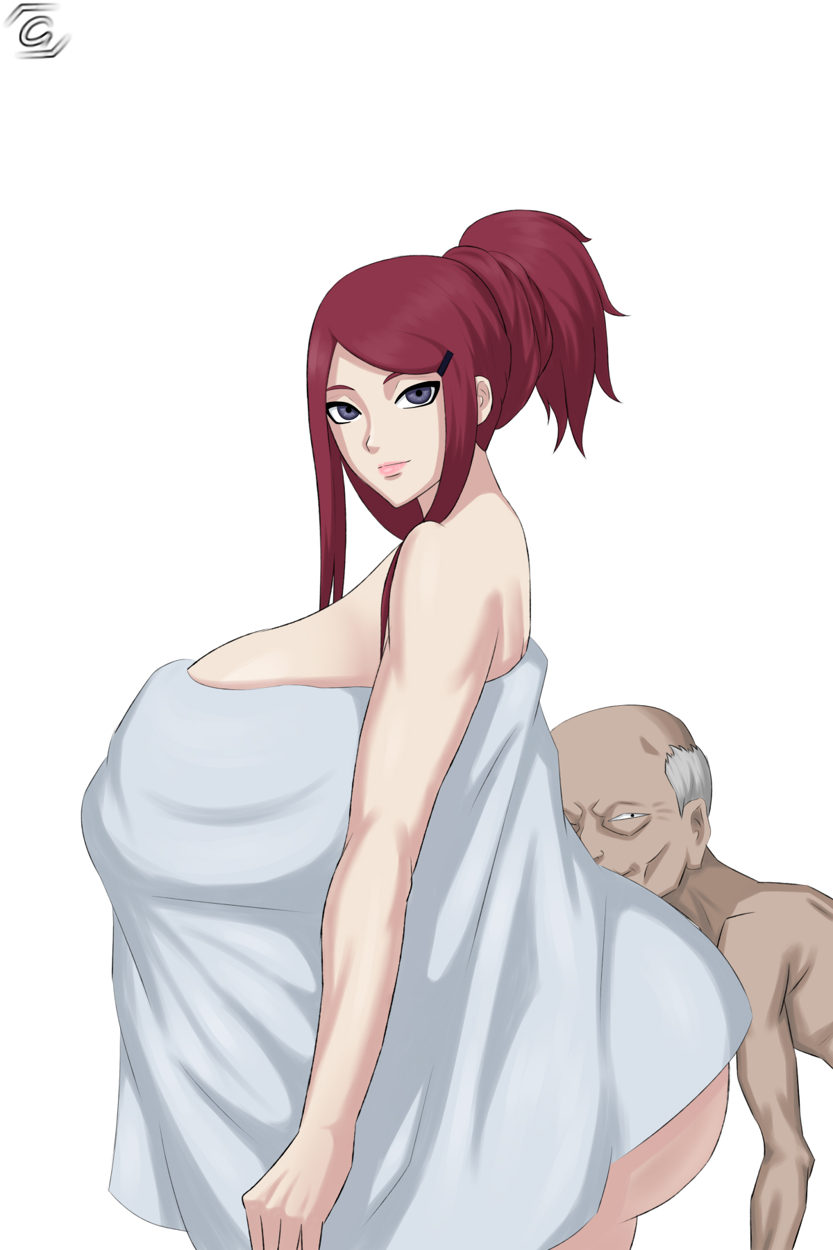 1boy, 1girls, age difference, alternate ass size, alternate body type, alternate breast size, alternate hairstyle, ass, bald, before sex, bent over, big breasts, breasts, breasts bigger than head, bust, busty, cheating, cheating wife, chubby, chubby female, completely nude, dark skin, dark-skinned male, female, grizzlyart, half-closed eyes, height difference, hourglass figure, huge ass, huge breasts, imminent sex, larger female, light skin, light-skinned female, lipstick, looking at viewer, looking to the side, makeup, male, male with female, male/female, married female, mature, mature female, mature male, mother, nakadashi, naked, naked towel, naruto, naruto (series), naruto shippuden, naughty, naughty face, netorare, ntr, nude, old male, older male, oppai, pink lips, pink lipstick, plump, purple eyes, red hair, side view, sideboob, sidelocks, simple background, size difference, skinny, skinny male, slightly chubby, smaller male, taller female, thick thighs, tied hair, towel, towel only, ugly bastard, uzumaki kushina, venus body, voluptuous, white background, wife, wrinkles, younger female