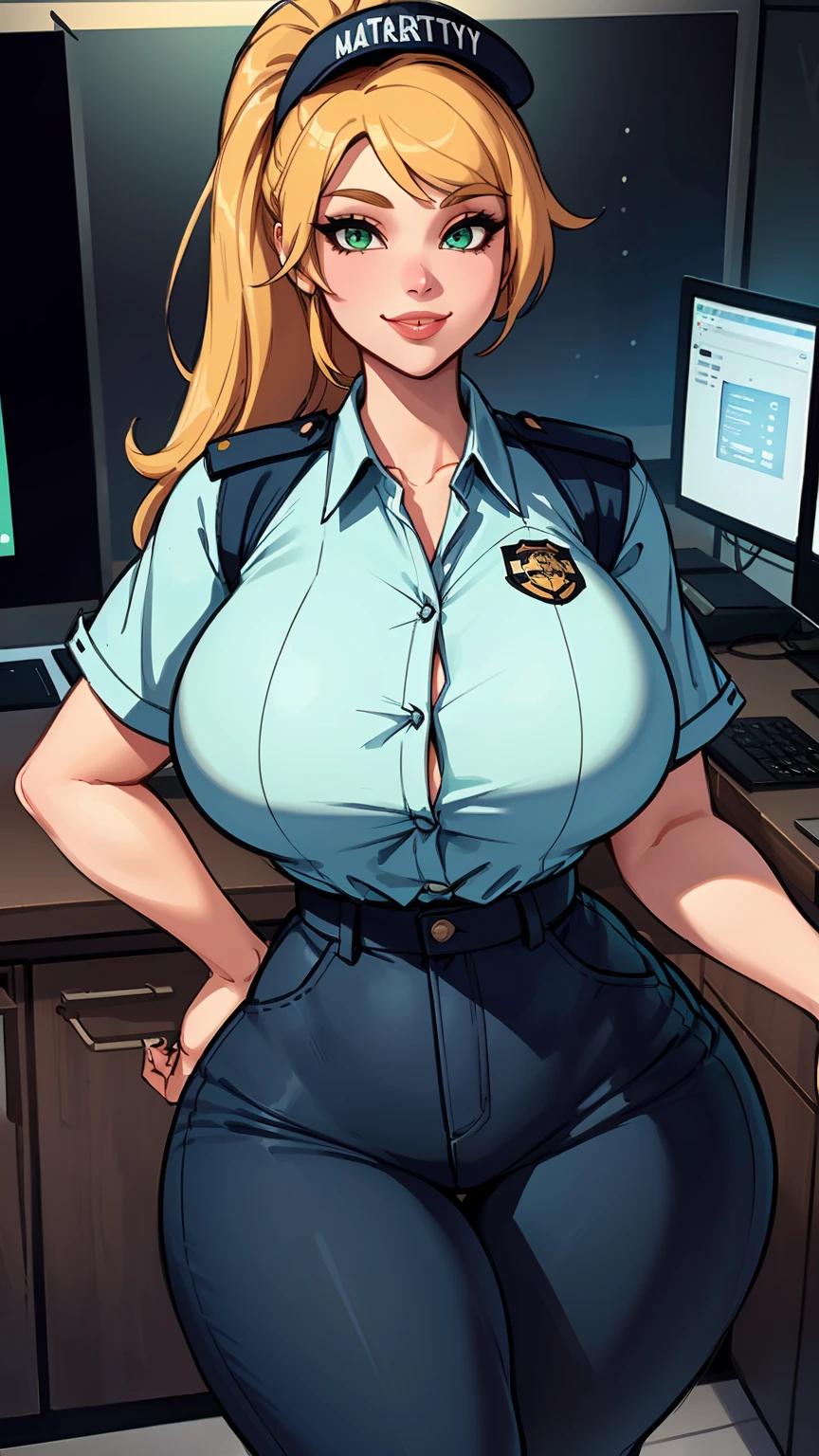 1girls ai_generated big_breasts blonde_hair button_down_shirt curvy curvy_female female_only five_nights_at_freddy's five_nights_at_freddy's:_security_breach fnaf green_eyes high-waist_pants high_waisted_pants indoors jeans light-skinned_female ponytail scottgames smile smiling solo straight_hair straining_buttons thick_thighs tight_clothing vanessa_(fnaf)