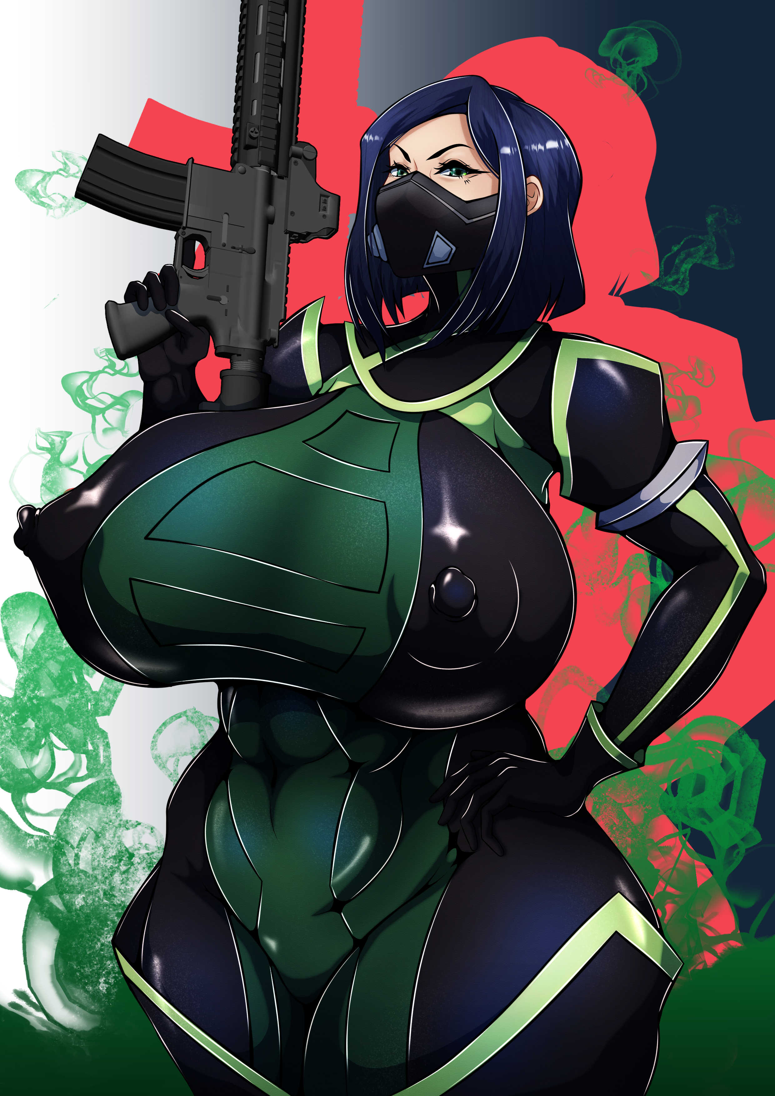 1girls, abs, alternate breast size, big breasts, blue hair, breasts, curvaceous, curvy, curvy body, curvy female, curvy figure, erect nipples, female, female focus, gun, hands on hips, huge breasts, huge nipples, large breasts, mask, masked female, mojihe, nipples, nipples visible through clothing, puffy nipples, short hair, thighhighs, tight clothing, valorant, venus body, viper (valorant), voluptuous