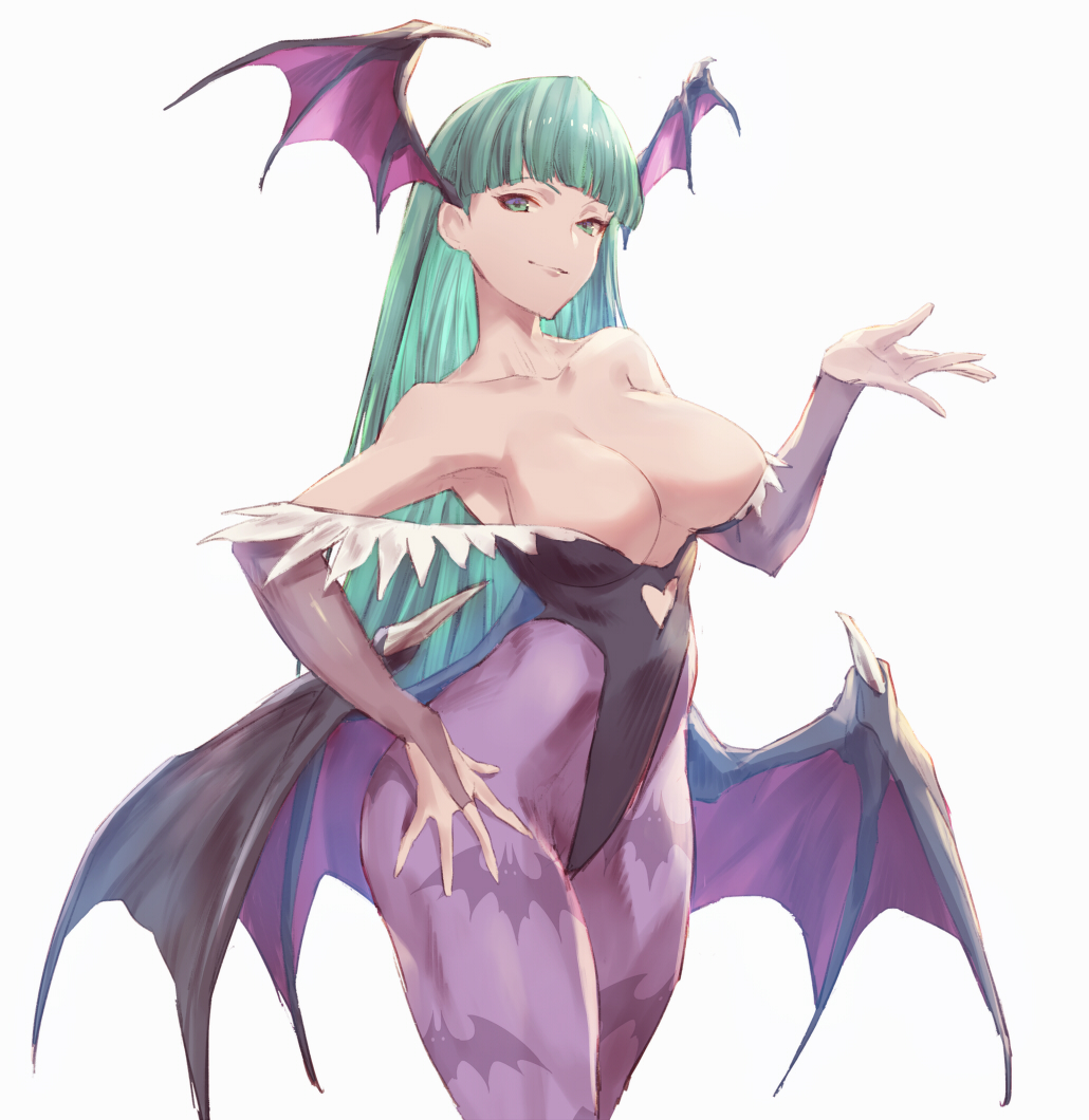 1girls, armwear, artist request, bat print, breasts, capcom, cleavage, clothing, darkstalkers, demon, demon wings, female, female only, green eyes, green hair, hand on hip, head wings, large breasts, leotard, long hair, looking at viewer, morrigan aensland, pantyhose, pose, purple pantyhose, smiling, smiling at viewer, solo, solo female, succubus, white background, wings