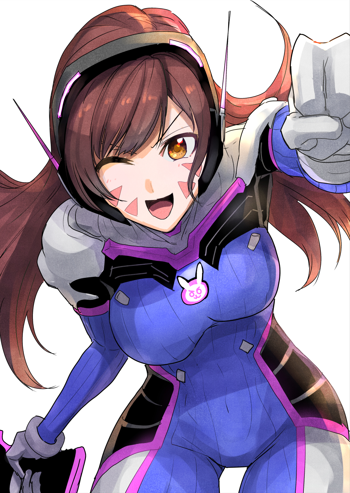 1girls, big breasts, blizzard entertainment, bodysuit, breasts, clash kuro neko, d.va, female, female only, light skin, light-skinned female, overwatch, tight clothing, weapon, wink, zero suit