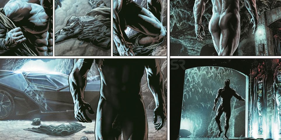 1boy abs ass batcave batman batman_(series) batmobile bruce_wayne cave comic comic_page dark dc dc_comics justice_league lee_bermejo male male_focus male_only muscular muscular_male naked nude nude_male official_art penis shadow solo solo_focus solo_male undressing