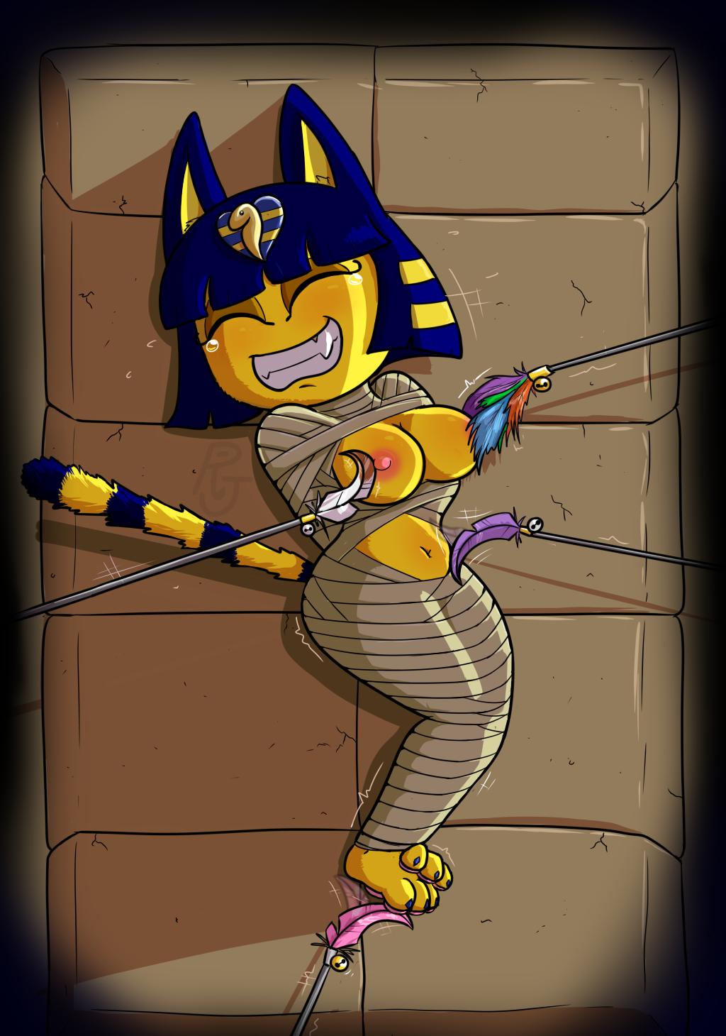 2022 3_toes animal_crossing ankha ankha_(animal_crossing) anthro blue_hair bodily_fluids bondage bound breasts cat_toy clenched_teeth closed_eyes domestic_cat fangs feathers feet felid feline felis female fur hair hi_res lying mammal motion_lines mummy_wrappings nintendo nipple_fetish nipple_play nipples on_back raspberryjose smile solo tail tears teeth tickle_torture tickling tickling_belly tickling_feet tickling_nipples toes uraeus yellow_body yellow_fur