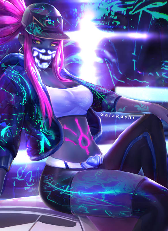 1girls akali_jhomen_tethi blacklight female female_focus female_only galakushi glowing k/da_akali k/da_series league_of_legends ultraviolet_light uv_light