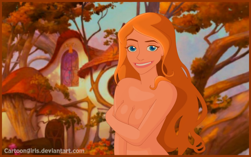 1girls blue_eyes cartoongirls covering_breasts disney enchanted_(film) giselle_(enchanted) nude nude_female orange_hair upper_body