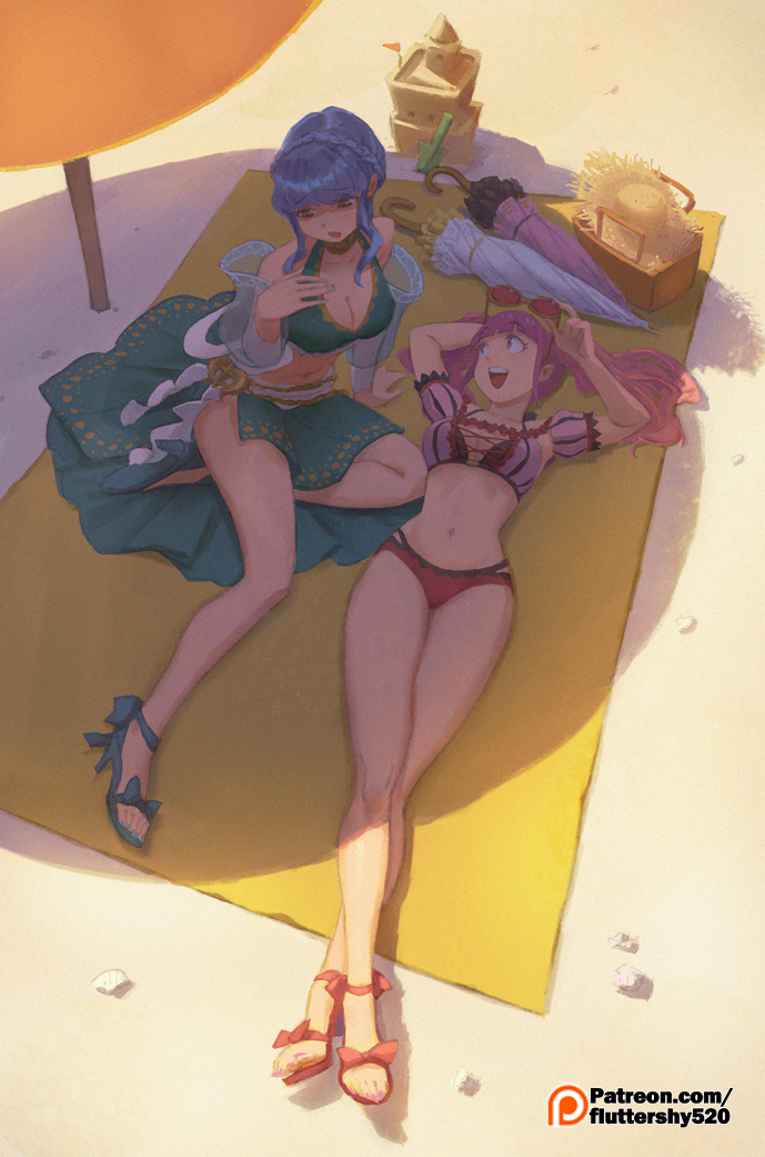 2girls alternate_costume bare_legs beach beach_towel beach_umbrella bikini bikini_skirt blue_bikini blue_footwear blue_hair blue_nails blue_skirt blunt_bangs braid breasts brown_eyes cleavage closed_umbrella cross-laced_clothes crossed_legs crown_braid day detached_sleeves fire_emblem fire_emblem:_three_houses fire_emblem_heroes from_above full_body furrowed_brow green_little halterneck hat high_heels hilda_valentine_goneril hilda_valentine_goneril_(summer) holding holding_removed_eyewear legs_together long_hair looking_at_another looking_down lying marianne_von_edmund marianne_von_edmund_(summer) medium_breasts medium_hair multiple_girls nail_polish navel official_alternate_costume on_back open_mouth outdoors patreon_logo patreon_username picnic_basket pink_bikini pink_eyes pink_hair red_bikini red_footwear sand_castle sand_sculpture sandals sarong see-through_clothes see-through_sleeves shade sidelocks sitting skirt smile stomach strappy_heels straw_hat sunglasses sunlight swimsuit thighs toeless_footwear toenail_polish toenails towel twintails umbrella unworn_eyewear unworn_hat unworn_headwear watermark web_address