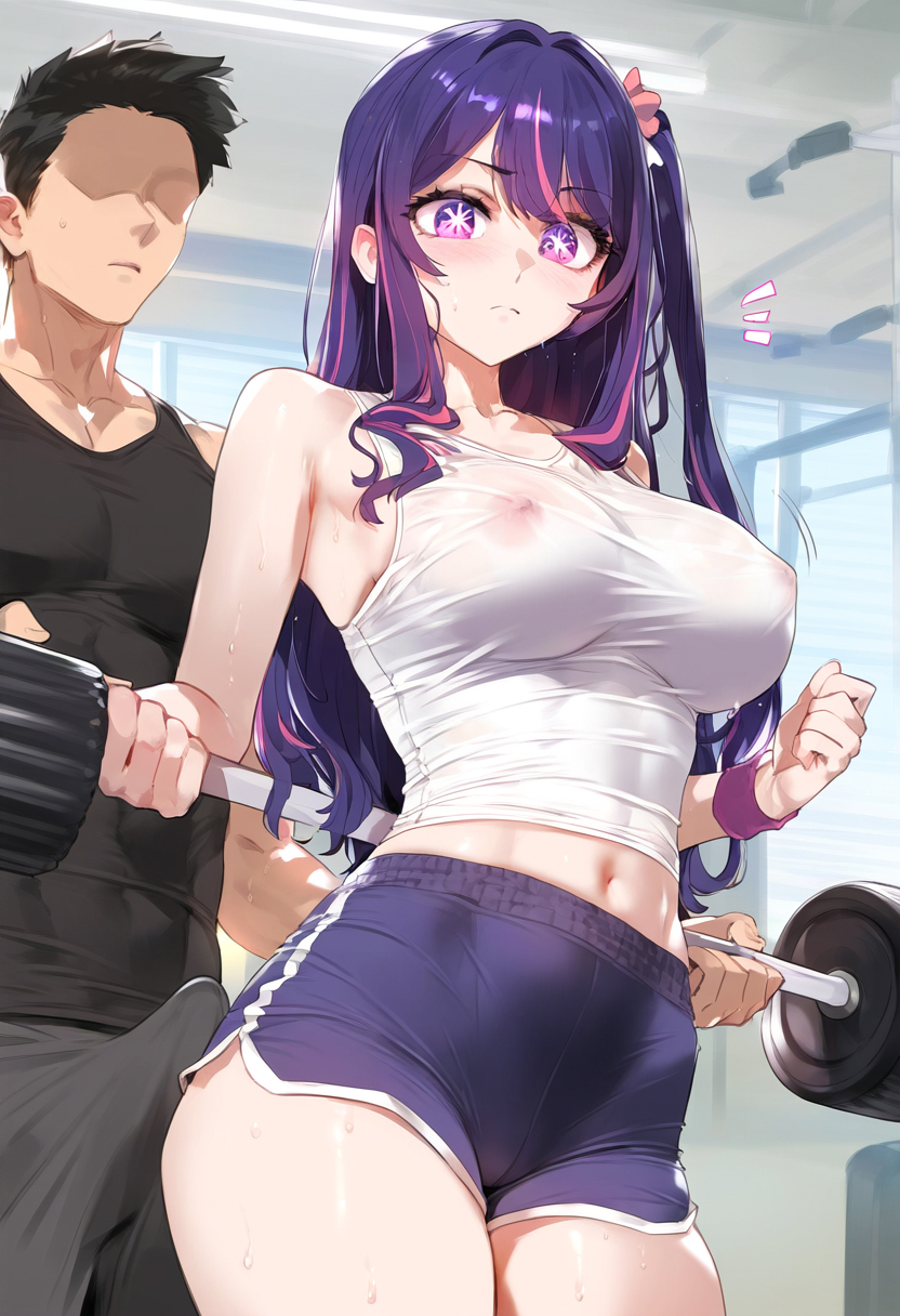 1boy, ai generated, erection, female, fit, fit female, gym, gym clothes, gym uniform, hoshino ai, leggings, male, novelai, oshi no ko, skindentation, smile, solo, standing, sweat, sweating, workout clothes