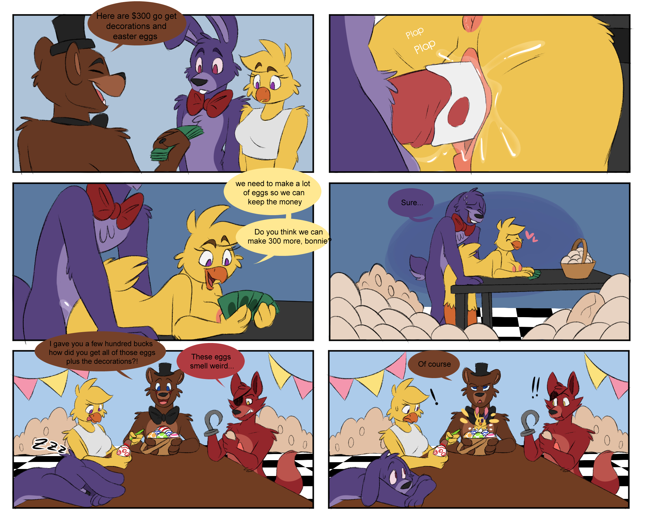 anthro, anus, ass, back view, bear, bent over table, bonnie (fnaf), bonniexchica, bowtie, breasts, brown body, bunny, bunny ears, chica (fnaf), chicken, comic, cum, cum in pussy, duo, duo focus, easter, easter egg, eggs, ejaculation, eyepatch, female, five nights at freddy's, fox ears, foxy (fnaf), freddy (fnaf), from behind, fur, furry, genital fluids, genitals, hips, male, male/female, mandyfoxy, nipples, nude, nude female, nude male, penis, penis in pussy, purple body, pussy, red body, sex, tail, thrusting, thrusting into pussy, vagina, vaginal penetration, vaginal sex, yellow body
