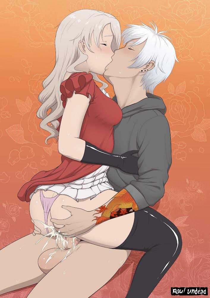 1boy 1girls ass ass_grab balls clothed clothed_sex cum cum_in_pussy cum_inside cum_overflow cum_splatter gloves kissing kissing_while_penetrated light-skinned_female nina_(sekirei) original_character panties panties_aside paulundead33 penis piercing platinum_blonde_hair romantic romantic_couple sekirei sex tattoo vaginal_penetration veiny_penis white_hair