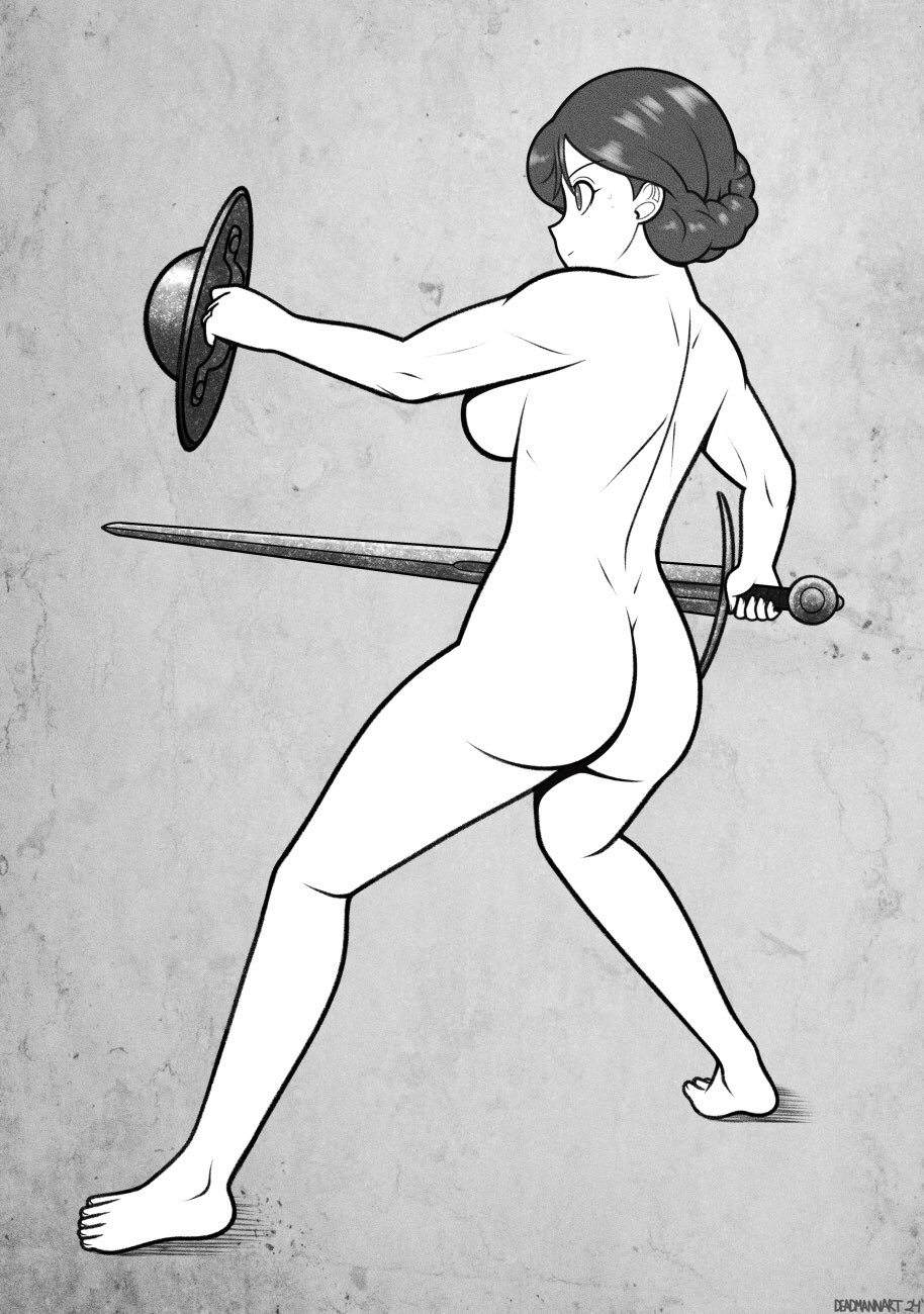 ass barefoot breasts instructor_waifu monochrome nude shield sword tagme walkingdeadmann