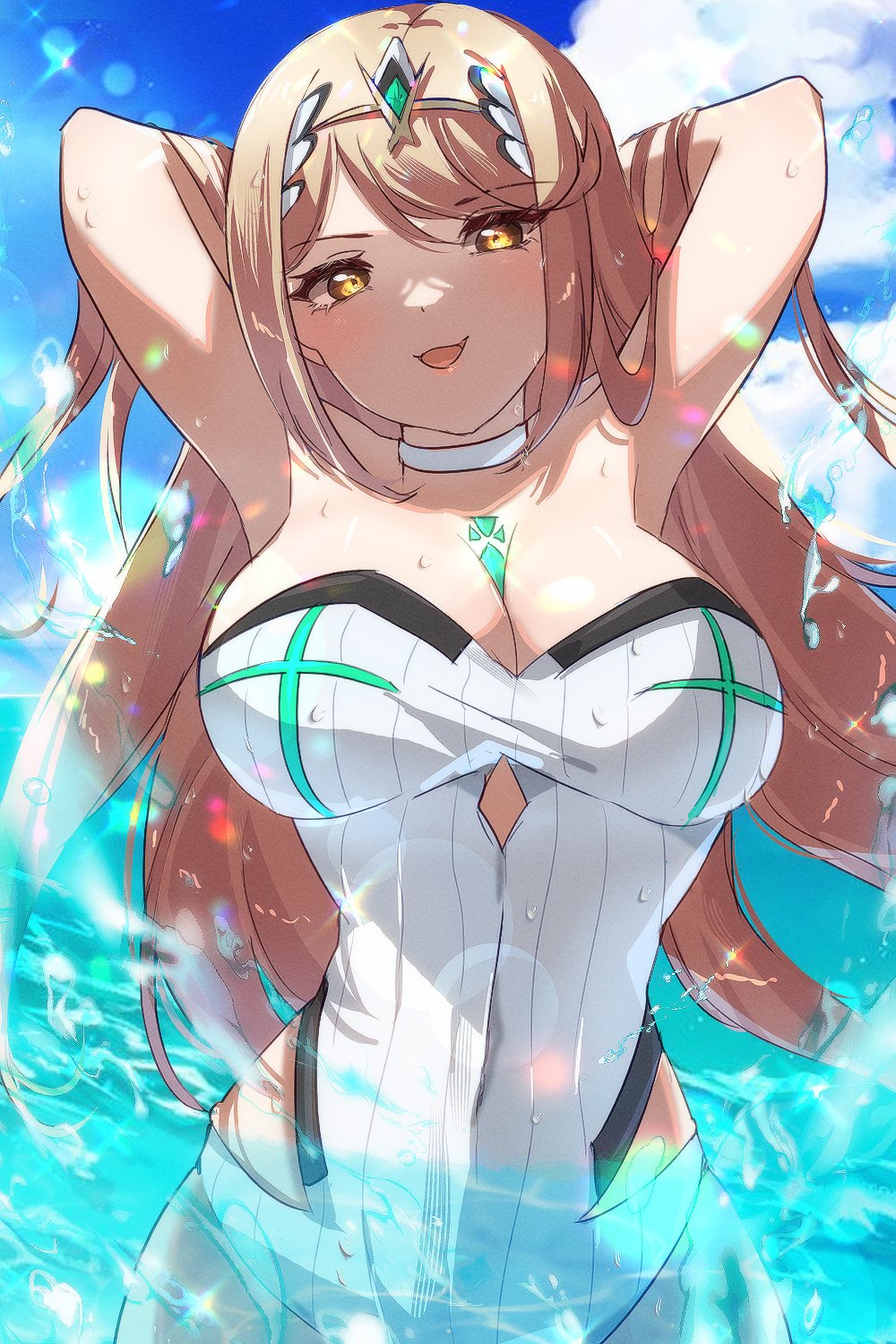 blonde_hair breasts core_crystal female female_only looking_at_viewer mythra nintendo solo swimsuit xenoblade_(series) xenoblade_chronicles_2 zer00han