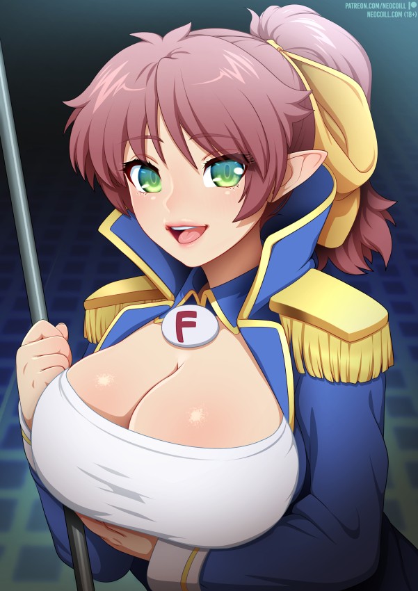 big_breasts big_breasts blue_jacket brown_eyebrows brown_hair chestnut_hair cleavage dark_blonde dark_blonde_hair epaulettes eyebrows_visible_through_hair green_eyes holding_breast huge_boobs huge_breasts light-skinned_female light_skin looking_at_viewer neocoill open_mouth pointy_ears ponytail tongue white_shirt white_skin white_skinned_female yellow_ribbon