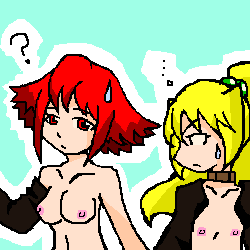 2girls blonde_hair brave_fencer_musashi breast_envy breasts bubbles female gingerelle lowres multiple_girls nanasyu nude oekaki red_hair