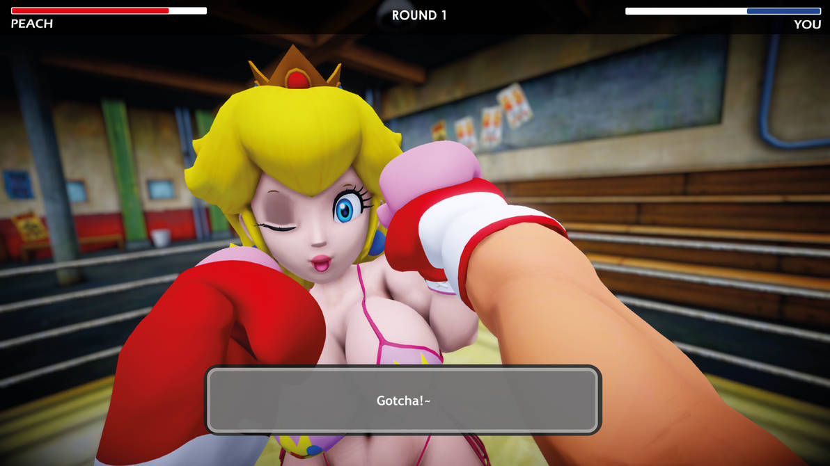 1female 1male 3d bikini black_eye blocking boxing boxing_gloves boxing_ring crown curvy curvy_female dialogue earrings female_focus fight fighting light-skinned_male male_pov mario_(series) mmd pink_bikini pink_boxing_gloves pov princess princess_peach red_boxing_gloves strong_woman swimsuit text ultimabox wink