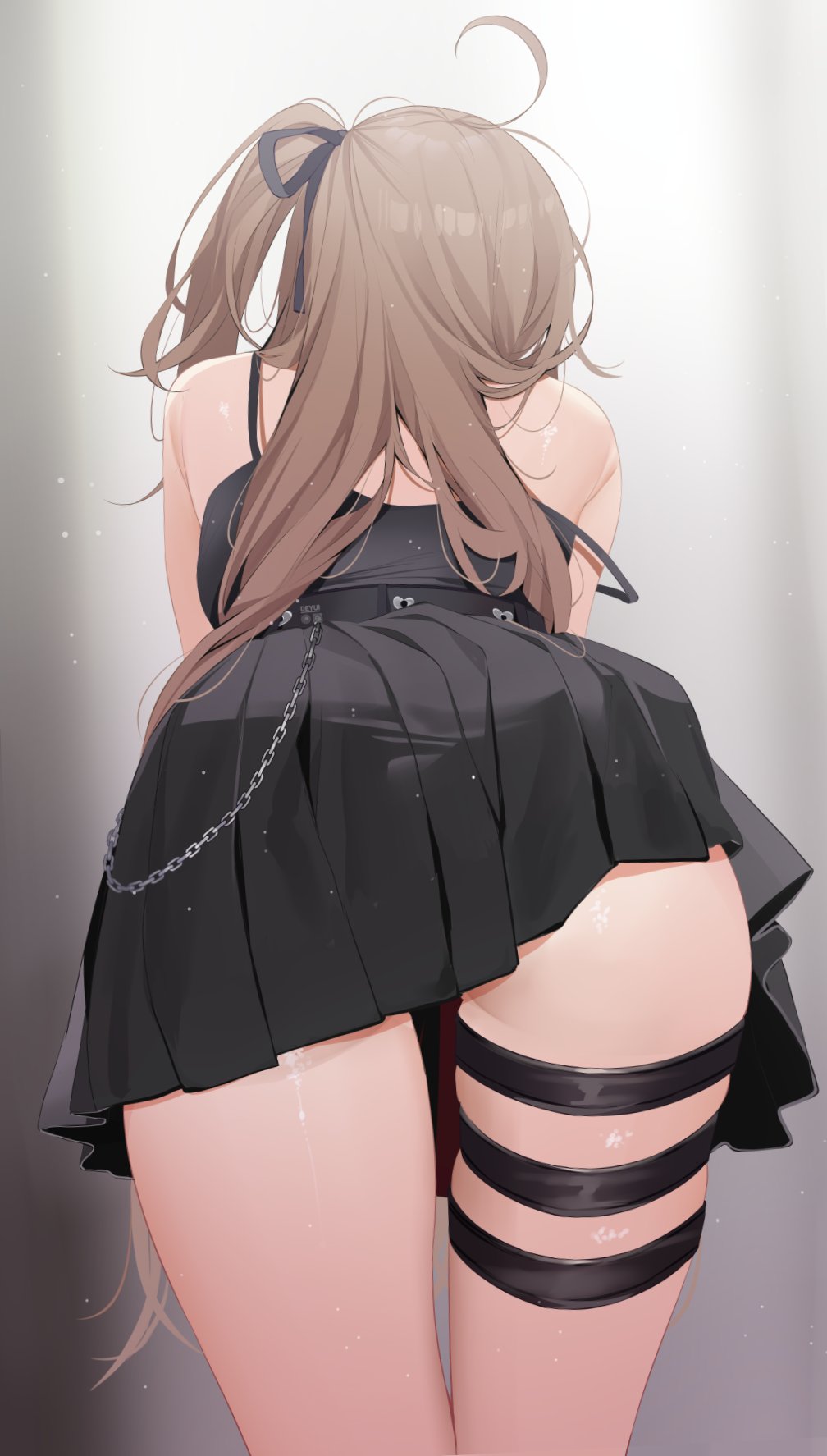 1girls ahoge ass back backsack belt bent_over black_camisole black_panties black_ribbon black_skirt brown_hair camisole chain clothes_lift clothing commentary deyui deyui_(artist) dress english_commentary female from_behind hair_ribbon highres hololive hololive_english hololive_english_-council- hololive_english_-promise- lingerie long_hair nanashi_mumei nanashi_mumei_(emo) official_alternate_costume one_side_up paid_reward_available panties rear_view ribbon side_ponytail skindentation skirt skirt_lift solo strap_slip thigh_strap thighs underwear virtual_youtuber