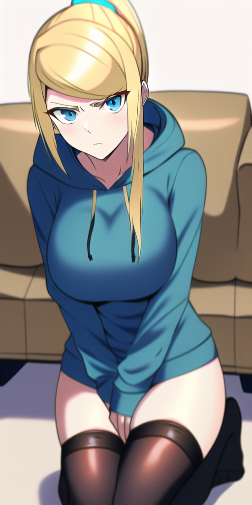 ai_generated black_stockings blonde_hair blue_eyes blue_hoodie concentration glaring hoodie kneeling kneeling_female long_hair long_hair_female metroid novel_ai novelai samus_aran stable_diffusion stockings video_game_character