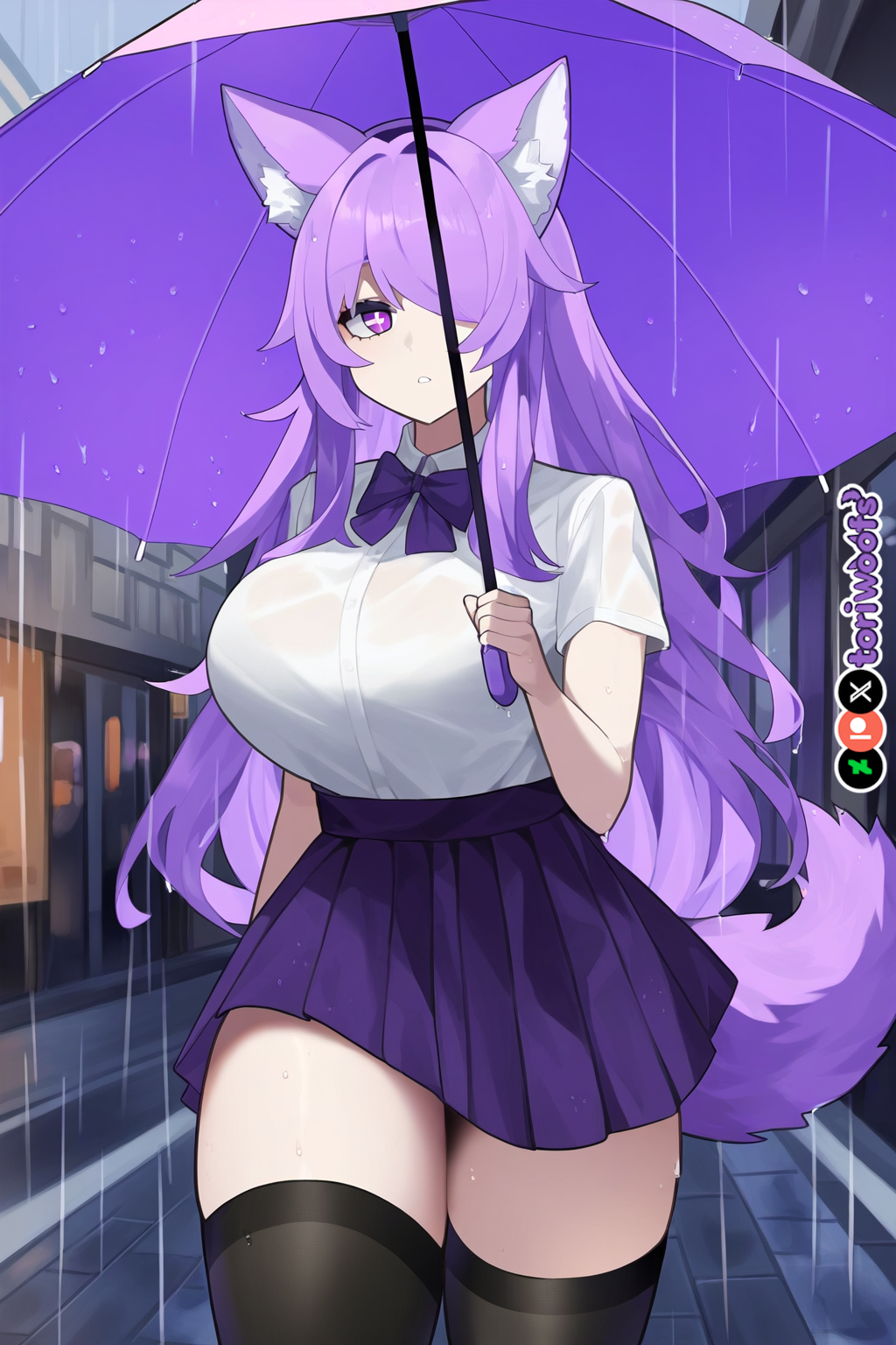 1girls ai_generated big_breasts breasts curvy cute dog_ears dog_girl doggirl dress female female_focus female_only highres hips huge_boobs huge_breasts kemonomimi light_skin light_skinned_female long_hair patreon_username petgirl purple_ears purple_eyes purple_hair purple_tail raining thick_thighs thighs tori toriwoofs umbrella watermark wavy_hair white_skin white_skinned_female wide_hips wolf_ears