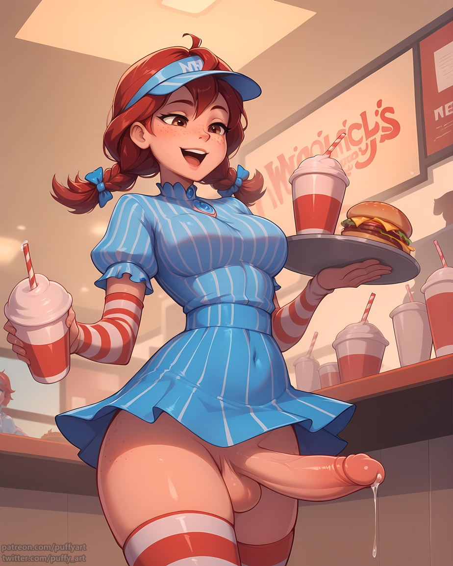 1futa 1girls ai_generated ai_text balls big_penis blue_dress braided_pigtails braided_twintails brown_eyes dickgirl dress erection fast_food food freckles futa_only futanari going_commando hairbow hamburger happy light-skinned_futanari light_skin milkshake open_mouth penis penis_under_clothes pigtails pinstripe_dress precum precum_drip puffyart red_and_white_stockings red_and_white_stripes red_hair restaurant serving_food serving_tray short_dress smile solo solo_futa striped_armwear striped_legwear striped_thighhighs thick_thighs thighhighs tight_clothing twintails uniform visor waitress wendy's wendy_thomas