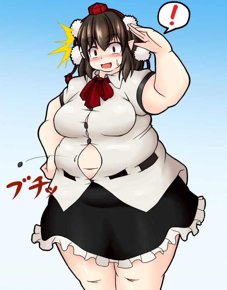 bbw belly_overhang big_belly big_female blush button_pop chubby chubby_female embarrassed fat fat_female fat_fetish fat_girl fat_woman fatty flying_button large_female obese obese_female overweight overweight_female plump pork_chop shameimaru_aya shocked surprised sweatdrop sweating thick_thighs tight_clothing tight_fit touhou tubby weight_gain