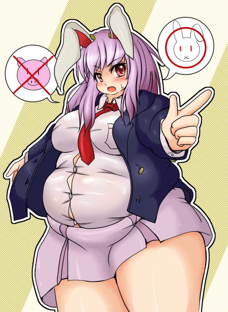 bbw belly_overhang big_belly big_female blush bunny_ears chubby chubby_female embarrassed fat fat_female fat_fetish fat_girl fat_shaming fat_woman fatty in_denial large_female obese obese_female overweight overweight_female pink_hair plump pork_chop reisen_udongein_inaba sweatdrop teasing thick_thighs touhou tubby weight_gain