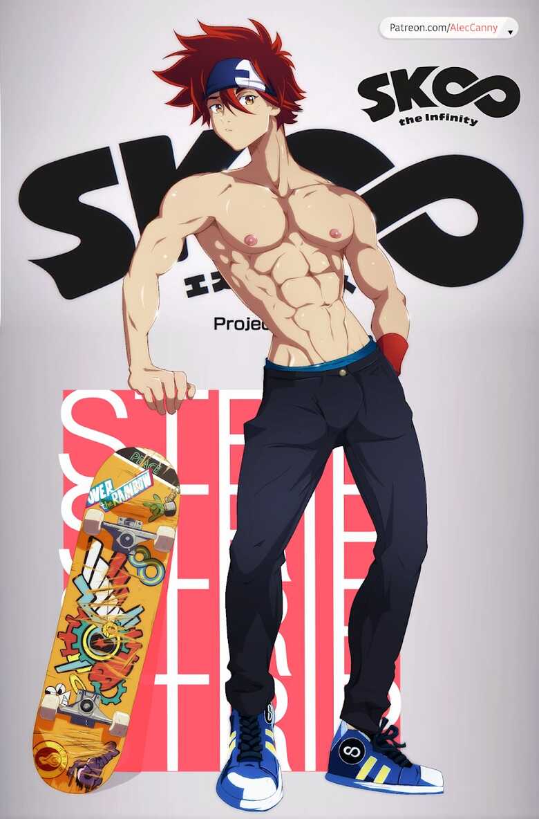 1boy abs aleccanny brown_eyes looking_at_viewer male male_only muscles muscular_male no_shirt patreon patreon_logo patreon_username pecs posing posing_for_picture posing_for_the_viewer red_hair reki_kyan shiny_skin sk8_the_infinity skateboard yaoi