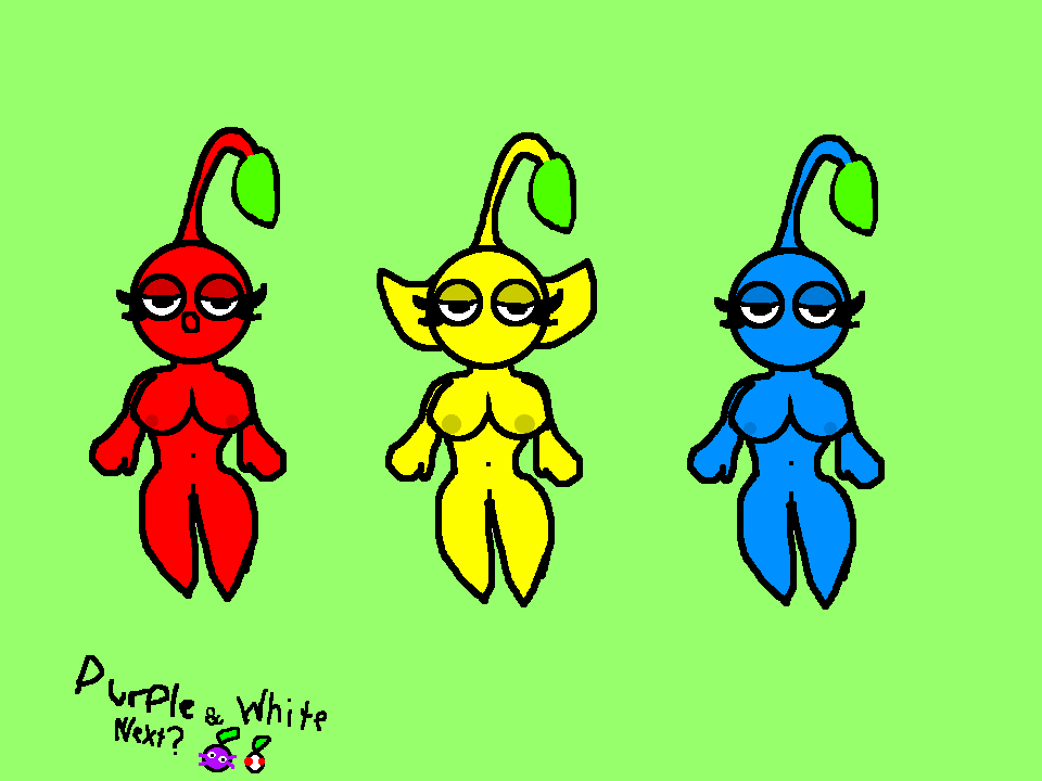 3girls blue_pikmin blue_skin multiple_girls nintendo pikmin pikmin_(species) plant plant_girl red_pikmin red_skin stem yellow_pikmin yellow_skin