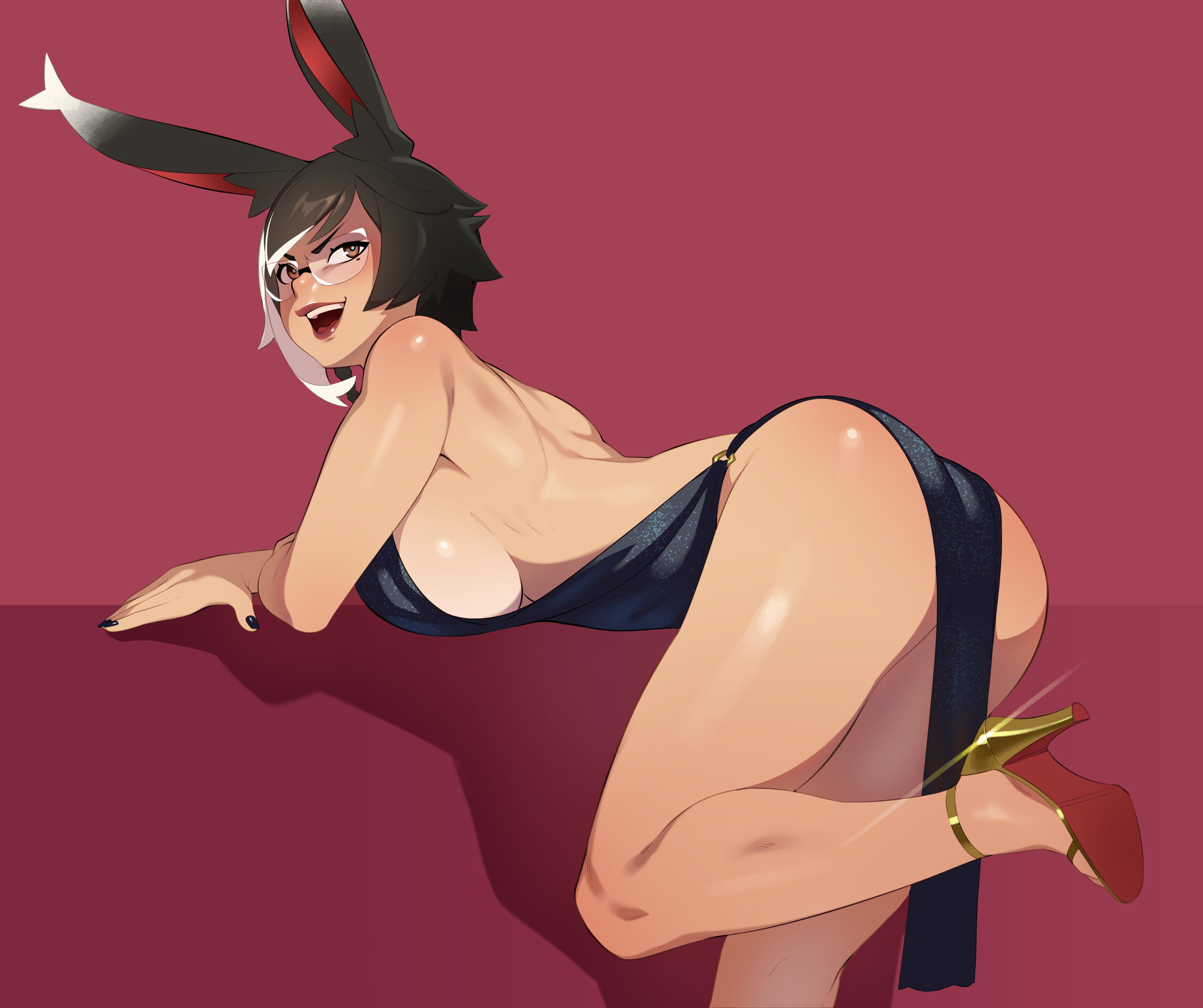 1girls, absurd res, ass, bent leg, bent over, big breasts, breasts, brown eyes, brown hair, bunny ears, bunny girl, combos-n-doodles, commission, dress, elegant dress, female, female only, glasses, heels, high heels, looking at viewer, sideboob, skimpy, skimpy dress, smiling, smiling at viewer, solo, white highlights