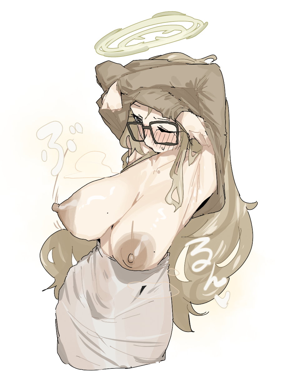 1girls akane_(blue_archive) areola areolae arms_up black_eyes blue_archive blush blush_lines blushing breasts brown_hair brown_sleeves brown_sweater brunette_hair cleaning_&_clearing_(blue_archive) dark_areola dark_nipples female glasses halo japanese_text large_areola large_areolae large_breasts leebongchun lifting_skirt long_hair long_sleeves millennium_science_school_student mole mole_on_breast murokasa_akane nipples no_bra one_eye_closed removing_clothing removing_shirt sidelocks skirt solo steam steaming_body steamy steamy_breasts sweat sweatdrop sweater text tight_skirt very_long_hair wavy_hair white_skirt yellow_halo