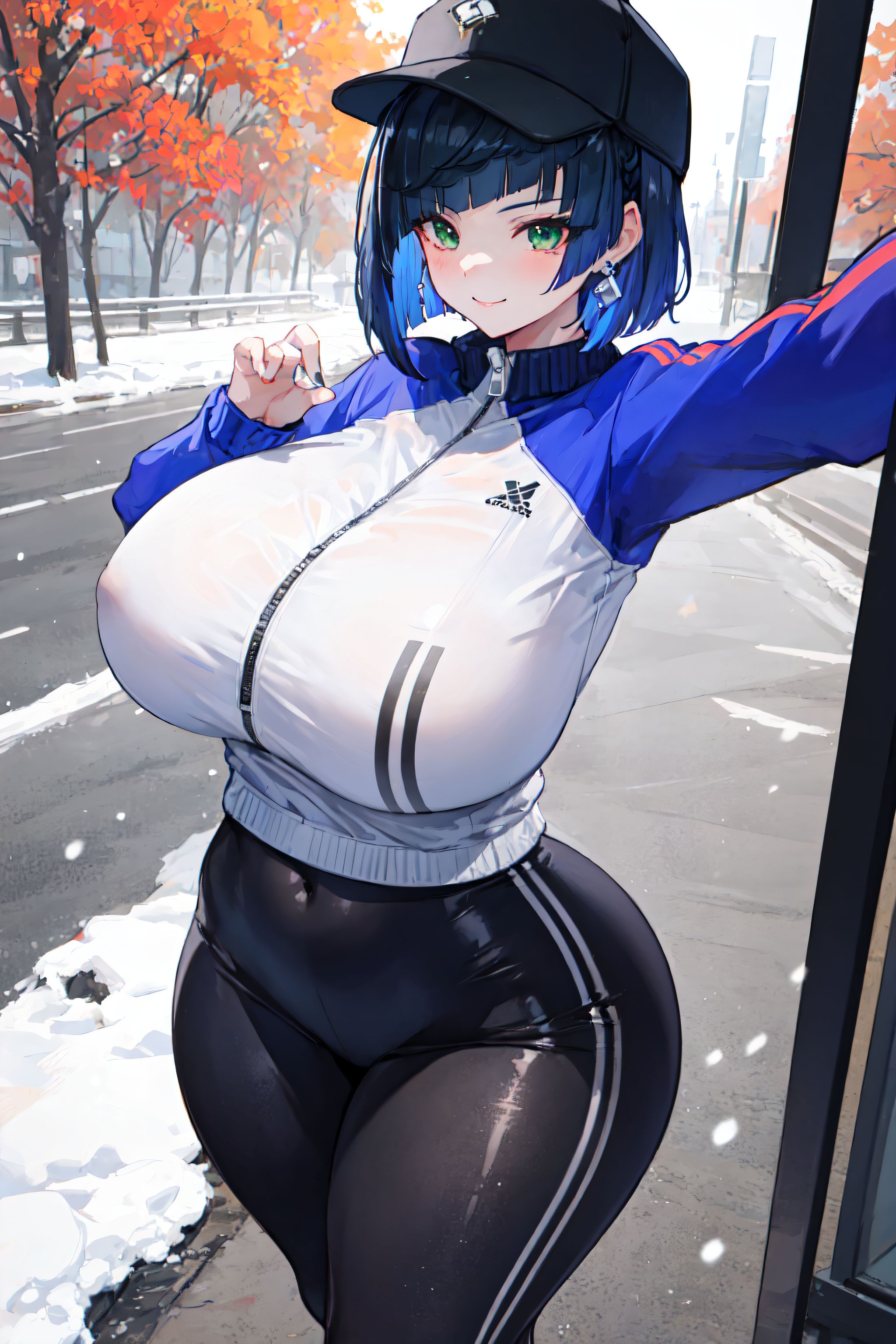 1girls, ai generated, alternate breast size, autumn, baseball cap, breasts, detailed background, female, genshin impact, gigantic breasts, huge breasts, leggings, mature female, mihoyo, pose, road, sagging breasts, seductive smile, see-through, selfie, snow, stable diffusion, standing, sweat, taut clothes, thick thighs, track jacket, video games, wide hips, xenomon, yelan (genshin impact)