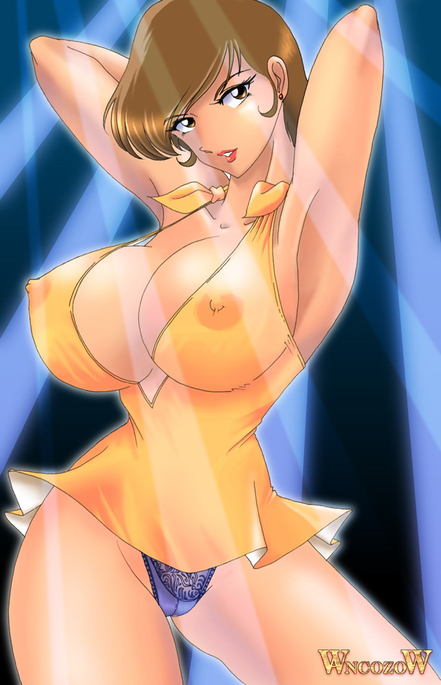 1girls 2001 areolae breasts brown_eyes brown_hair cleavage dress female female_only human large_breasts light-skinned_female light_skin lipstick long_hair lupin_iii mine_fujiko nipples panties see-through solo tagme wancozow