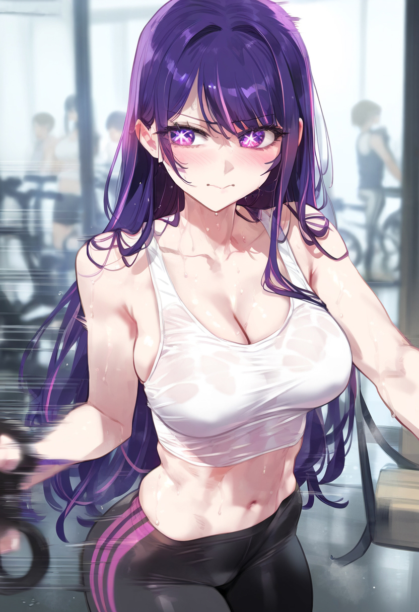 ai generated, female, fit, fit female, gym, gym clothes, gym uniform, hoshino ai, leggings, novelai, oshi no ko, skindentation, smile, solo, standing, sweat, sweating, workout clothes