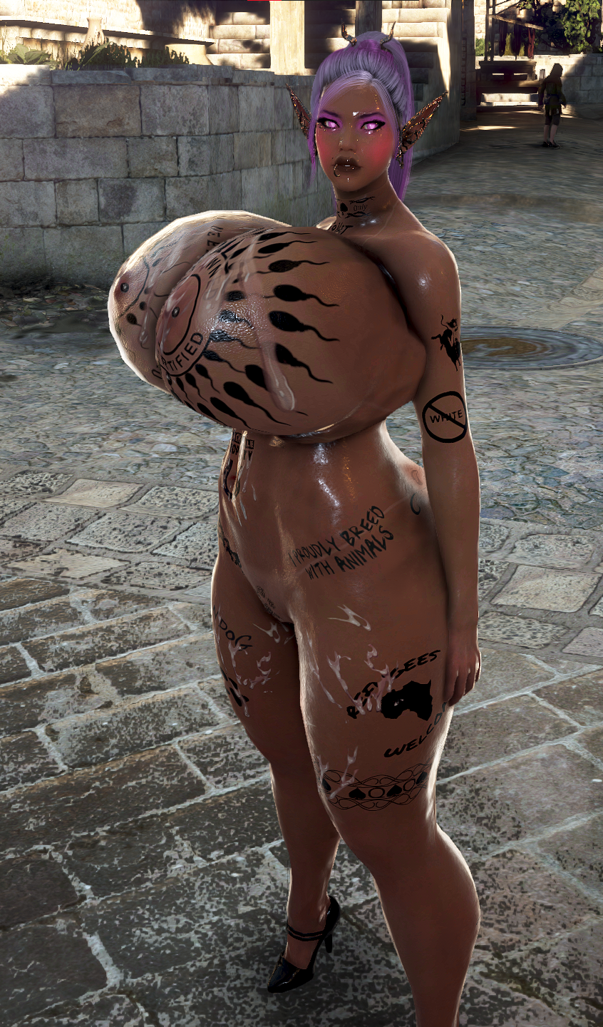 3d bdo bimbo black_desert_online body_writing cow_tits cumdumpster dark_elf degradation elf elves huge_breasts humiliation onahole screenshot tattoo tattoos