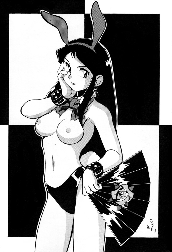 1990s 1996 1girls 20th_century breasts bunny_ears curvaceous fan female giant_robo ginrei greyscale human large_breasts long_hair looking_at_viewer monochrome nipples solo tagme thick_thighs wide_hips yokoyama_chicha