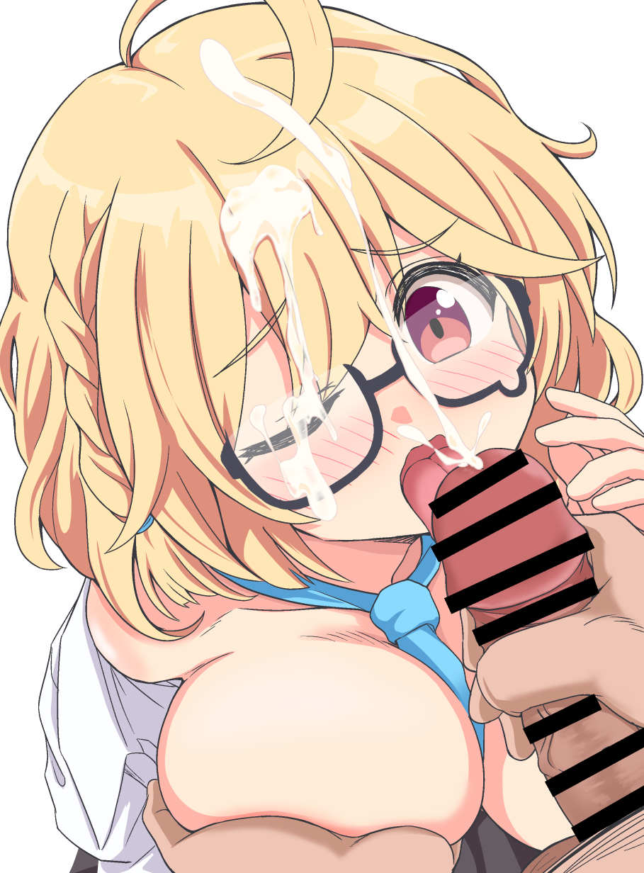 1boy 1girl 1girls ahoge blonde_hair blue_archive breasts cum cum_on_eyewear engineering_department_(blue_archive) facial female glasses grabbing grabbing_another's_breast highres kotori_(blue_archive) large_breasts licking licking_penis millennium_science_school_student necktie pc_fworks penis penis_licking red_eyes short_hair simple_background tongue tongue_out white_background