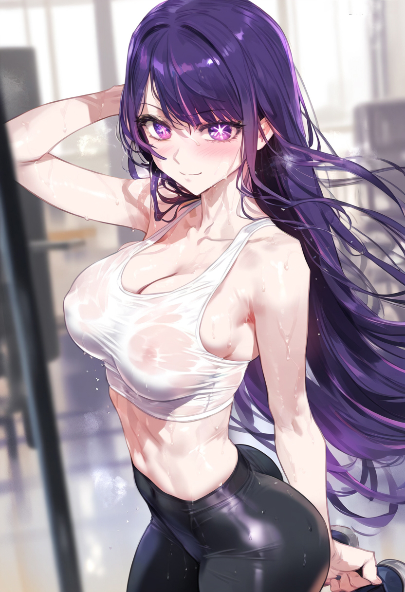 ai generated, female, fit, fit female, gym, gym shorts, gym uniform, hoshino ai, leggings, long hair, looking at another, novelai, oshi no ko, purple eyes, purple hair, skindentation, smiling, solo, solo female, standing, sweat, sweating