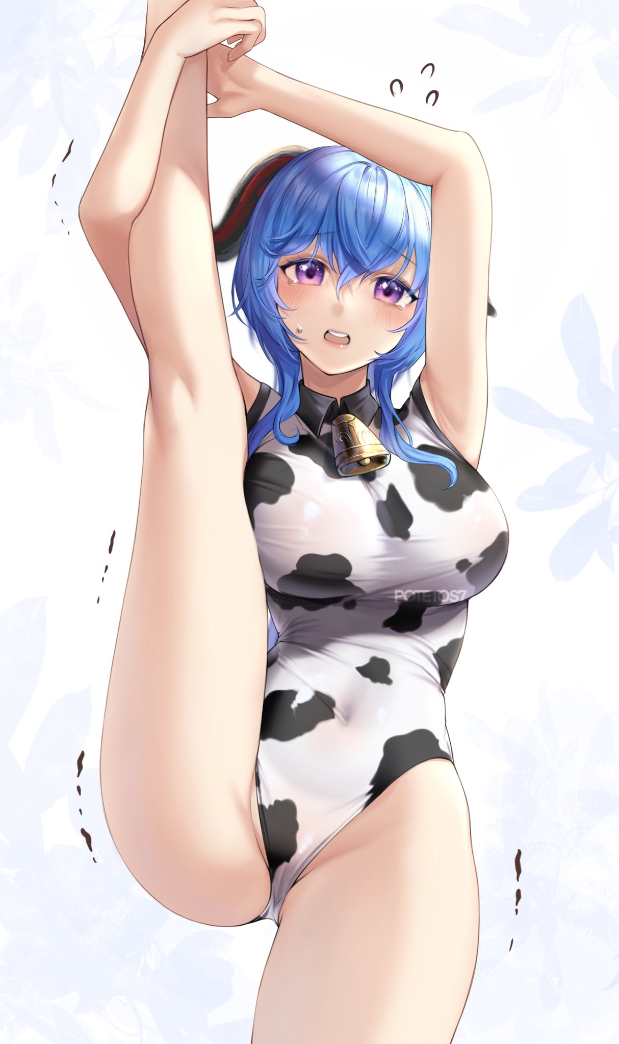 1girls bell big_breasts blue_hair cow_print cow_print_leotard cowbell female female_only ganyu_(genshin_impact) genshin_impact horns leotard looking_at_viewer medium_hair potetos7 purple_eyes shaking simple_background splits standing standing_on_one_leg standing_split tears trembling