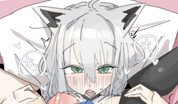 1girls ahoge areola areolae bangs bangs_between_eyes black_collar blush blush_lines blushing braid breasts collar cropped cropped_image female folded fox_ears fox_girl green_eyes hair_between_eyes heart hearts holding_legs hololive hololive_gamers hololive_gen_1 hololive_japan japanese_text large_breasts leebongchun legs_up nipples open_mouth pillow preview shirakami_fubuki solo speech_bubble teeth text virtual_youtuber white_fox white_hair