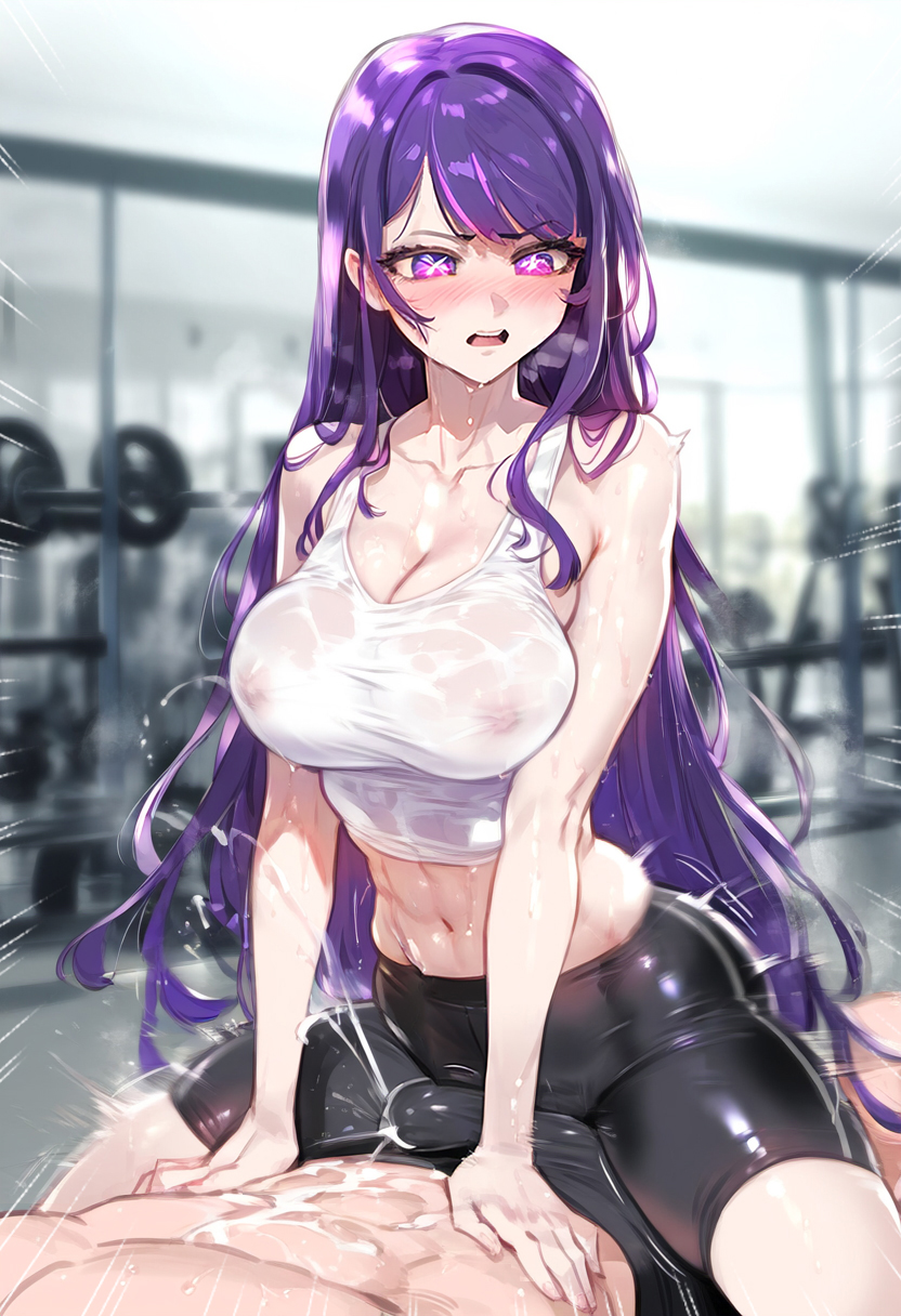 1boy, ai generated, cum, cum in clothes, female, fit, fit female, gym, gym clothes, gym uniform, hoshino ai, leggings, male, novelai, oshi no ko, skindentation, smile, solo, standing, sweat, sweating, thigh sex, workout clothes