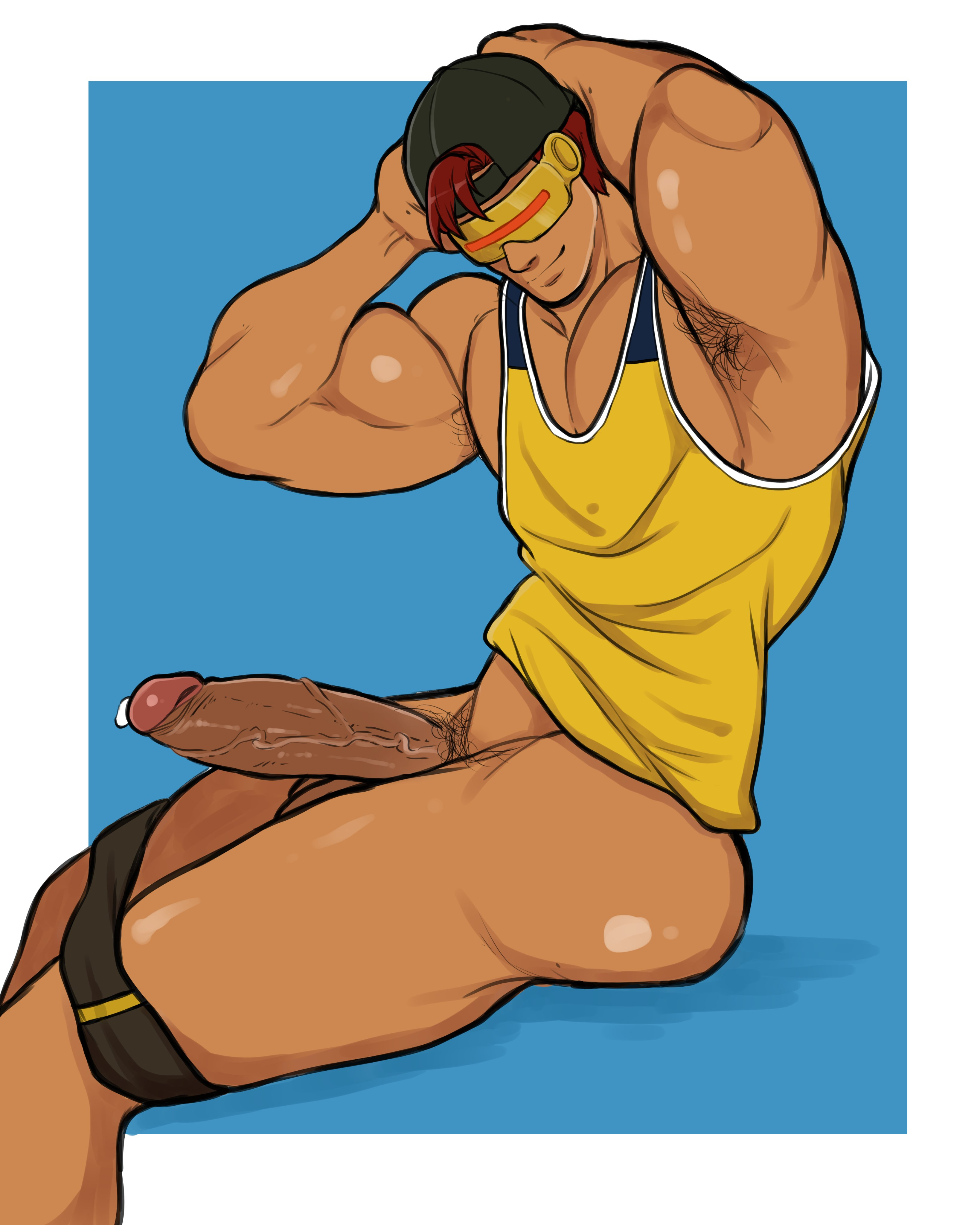 1boy, armpit hair, balls, bara, big penis, boner, clothing, cum, cum drip, cum dripping from penis, cyclops (x-men), erection, genital fluids, hoybarartist, male, male focus, male only, male pubic hair, marvel, marvel comics, muscular, muscular male, penis, pubic hair, scott summers, solo, uncensored, x-men, yaoi